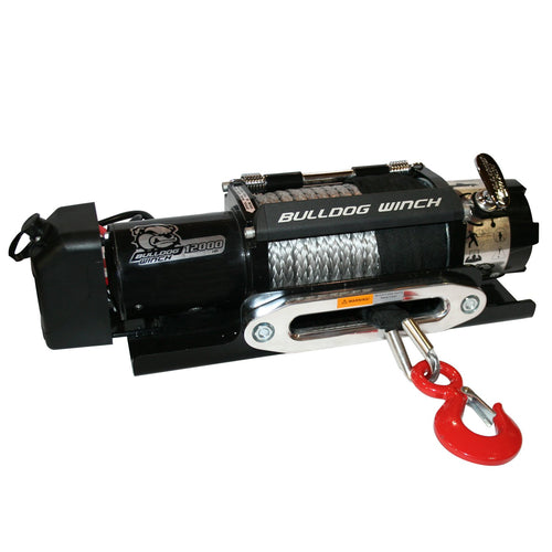 Winch BULLDOG 10040 Trailer Winch with 100' Synthetic Rope, CNC Billet Aluminum Hawse Fairlead, Mounting Plate, Low Profile 12000lb