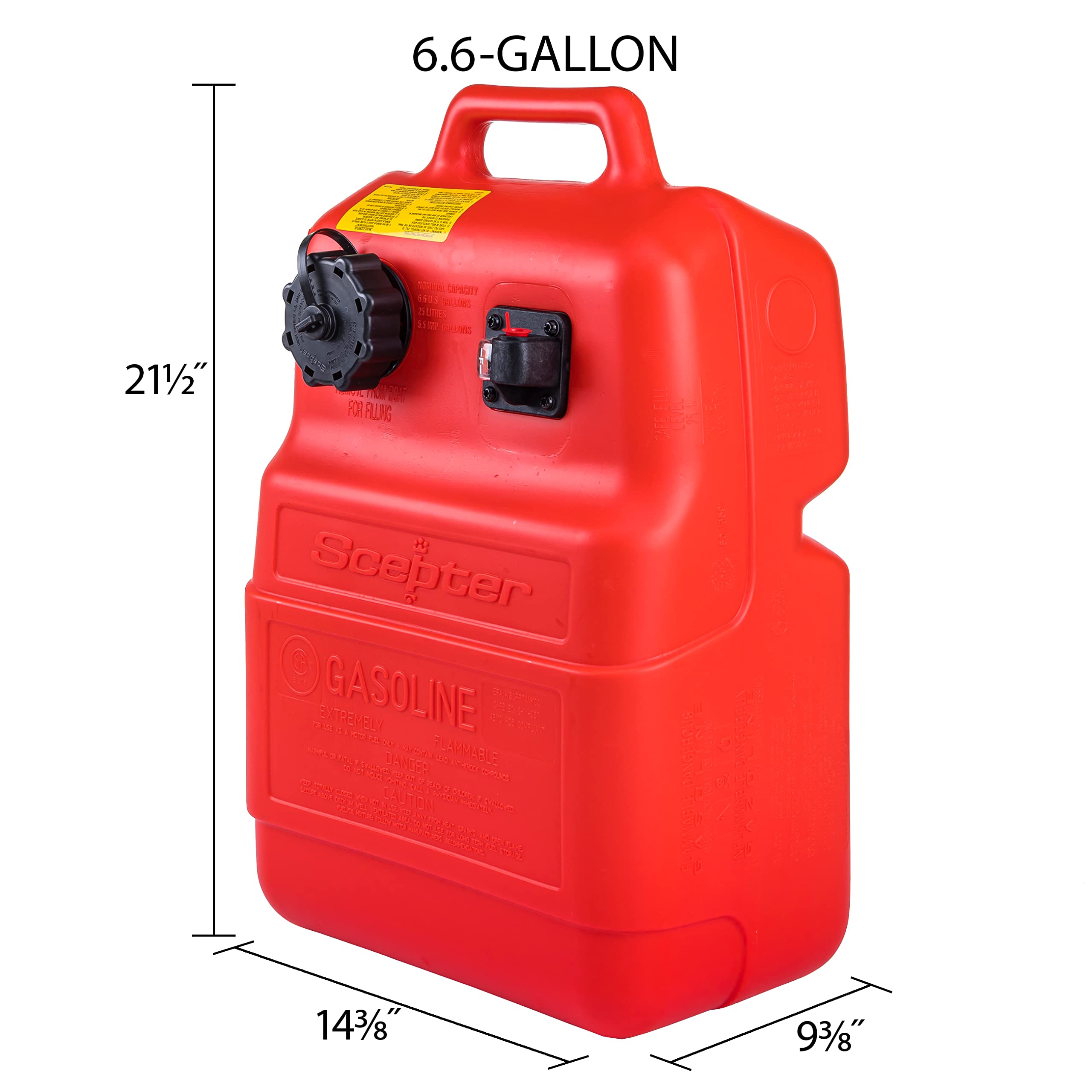 6.6 Gallon Scepter Portable Marine Gas Can, Boat Fuel Tank with 2-Way Vented Cap, Built-In Fuel Gauge and Pick-Up, Top Handle, EPA & CARB Compliant, Underseat Design, 21.5"L x 14.3"W x 9.3"H (08580)