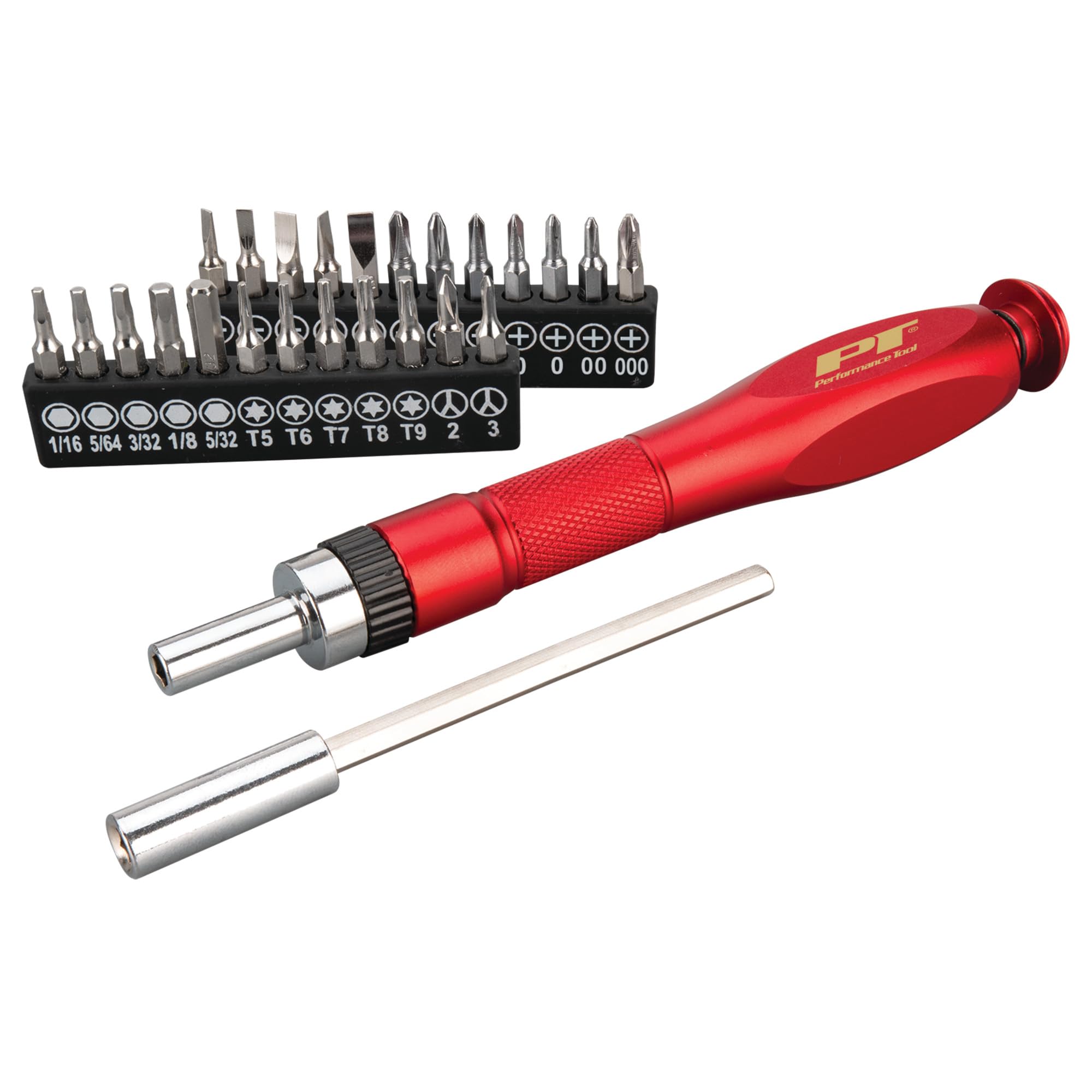 26 Pc. Performance Tool W495 Precision Driver/Pickup Tool Set, Anodized Aluminum, Extends over 12 Inches, Flexible Neck, Ratcheting Mechanism