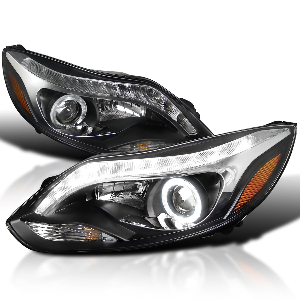 LED Strip Projector Headlights W/Halo Rim Black SPEC-D TUNING Compatible with 2012-2014 Ford Focus All Left + Right Pair Headlamps Assembly
