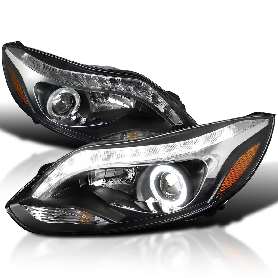 LED Strip Projector Headlights W/Halo Rim Black SPEC-D TUNING Compatible with 2012-2014 Ford Focus All Left + Right Pair Headlamps Assembly