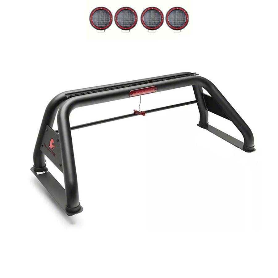CLASSIC Black Horse Roll Bar Incl. Set of 5.3"Dia.LED Lights w/Red Trim Rings Compatible with 2005-2021 Nissan Frontier-RB-NIFRB-PLFR