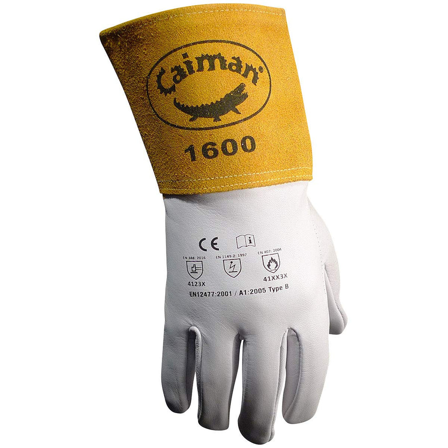 Caiman Goat Grain Premium TIG Welding Gloves, 4-Inch Gold Extended Cuff, Unlined, White/Gold, Medium (1600-4)