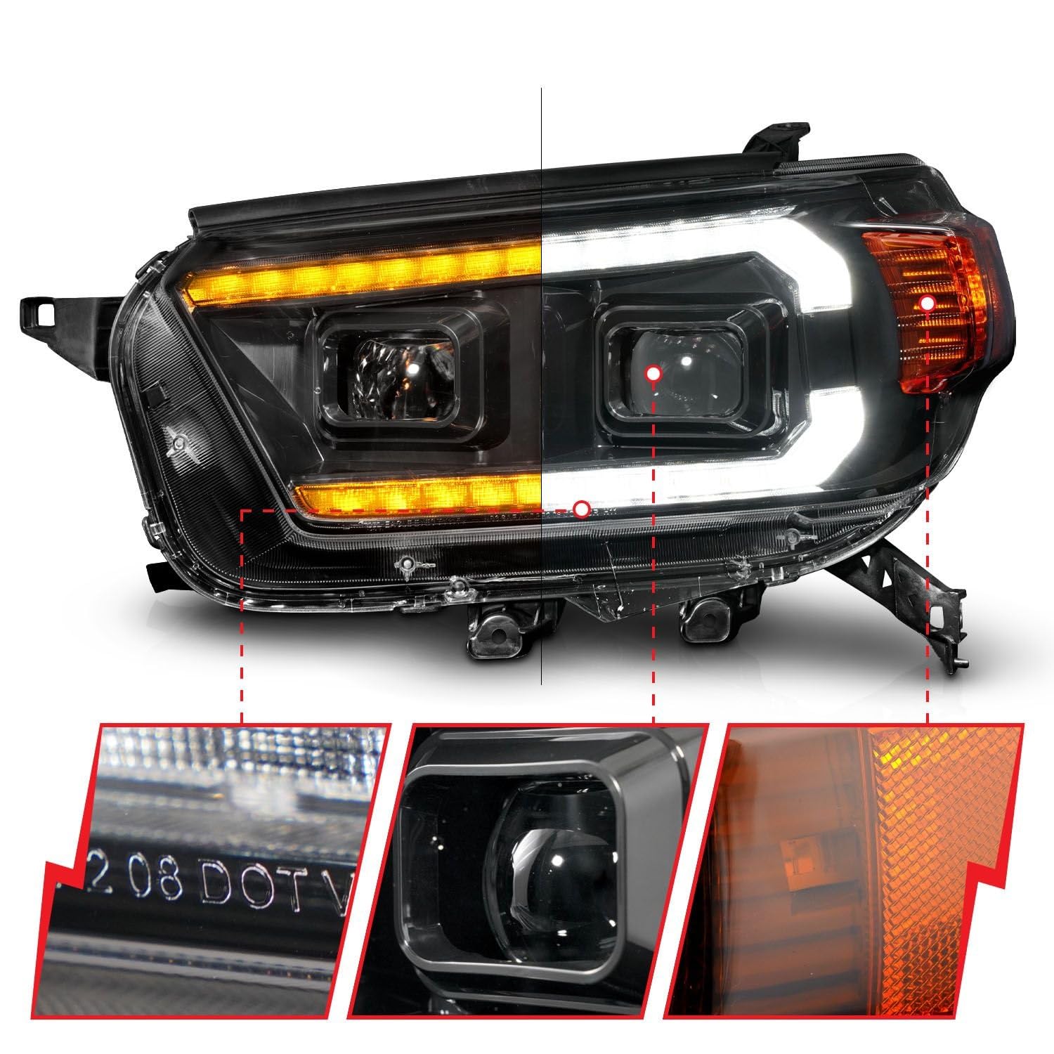 10-13 Toyota 4Runner ANZO Projector Headlights - Black