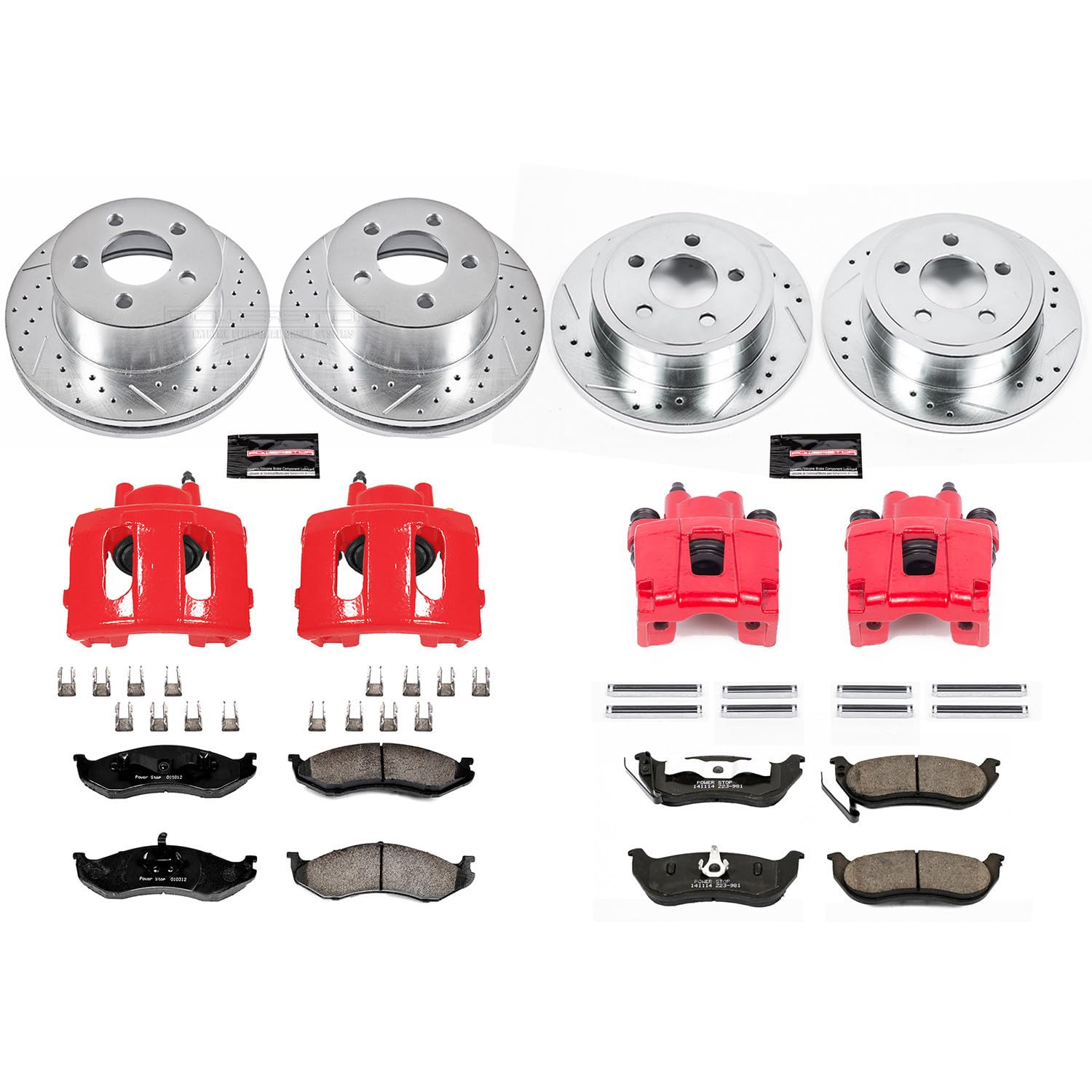 Power Stop Z23 Evolution Sport Brake Kit with Brake Pads, Powder Coated Calipers Drilled and Slotted Rotors For 2003 2004 2005 2006 Jeep Wrangler [Models with Rear Disc]