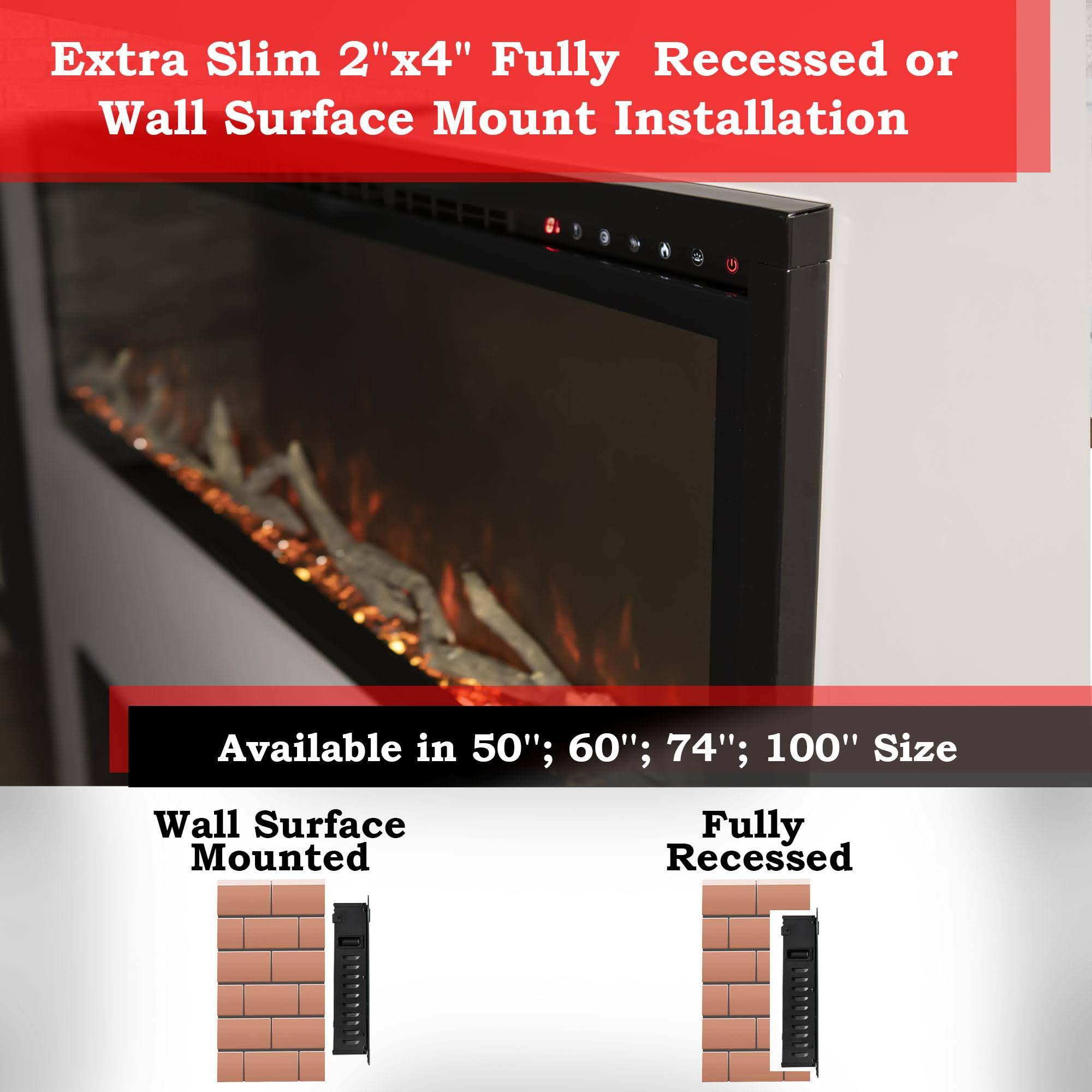 Spectrum Slimline Modern Flames 50 inch Wall Mount Built in Electric Fireplace Insert | Fully Recessed 4'' Wall | SPS-50B
