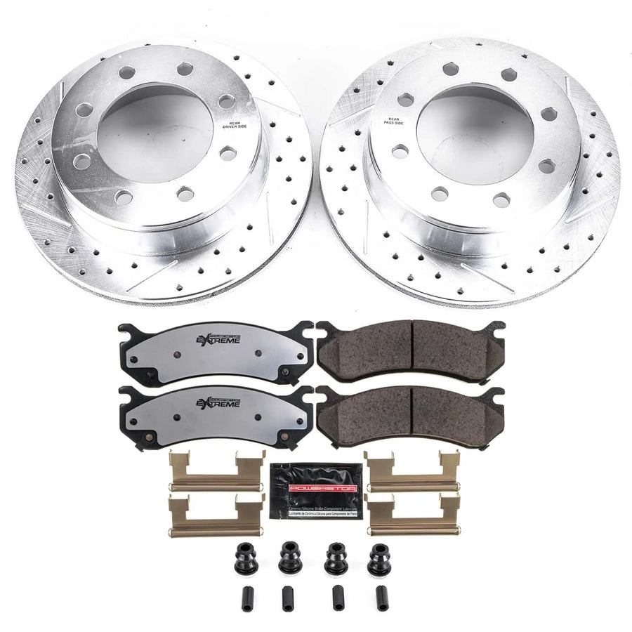 Rear Brake Kit Power Stop For 2002 2003 2004 2005 2006 Chevrolet Avalanche 2500 - Truck & Tow Carbon Fiber Ceramic Brake Pads & Drilled and Slotted Rotors Replacement, K2041-36