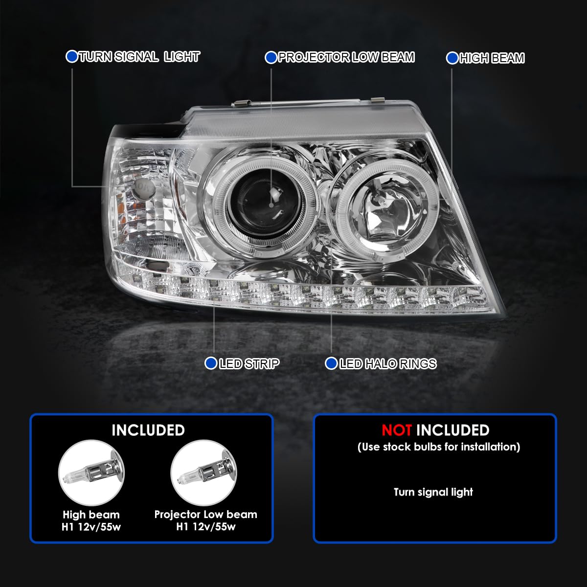 Chrome LED Halo Projector Headlights SPEC-D TUNING Compatible with 2002-2005 Ford Explorer, Left + Right Pair Headlamps Assembly