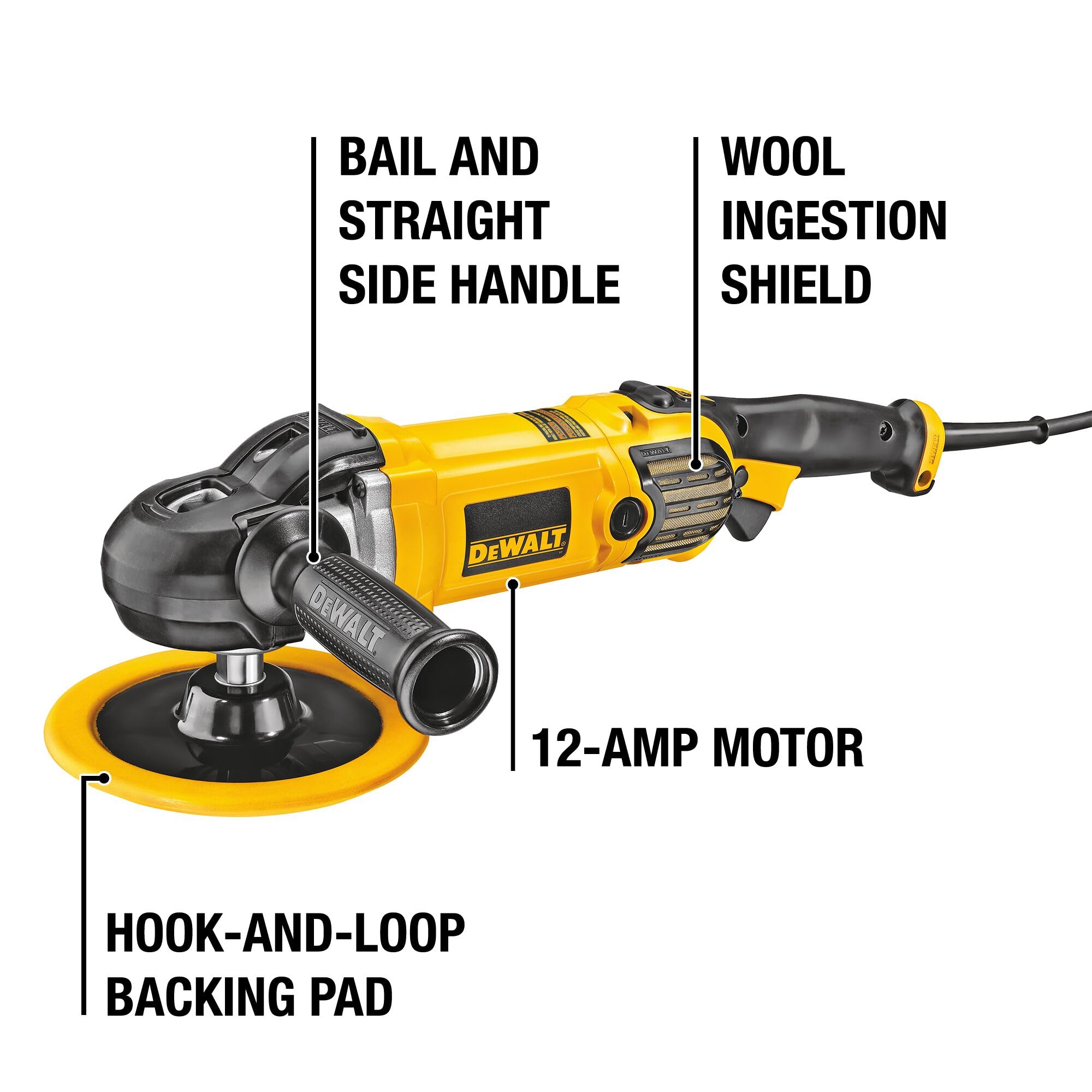 DEWALT 7-in-9-in Buffer Polisher, 12 amp, Variable Speed Dial 0-3,500 RPM’s, Soft Start Corded Car Buffer (DWP849X)