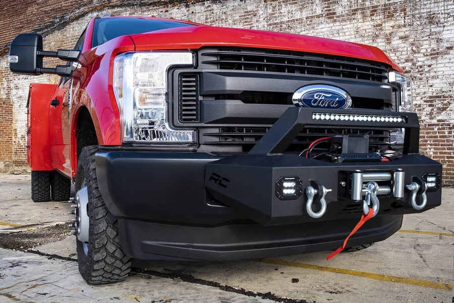 EXO Winch Mount Rough Country with LED Lights for Ford F-250/F-350 Super Duty (2017-2020) - Includes 20-in LED Bar, Dual 2-in LED Cubes, D-Rings