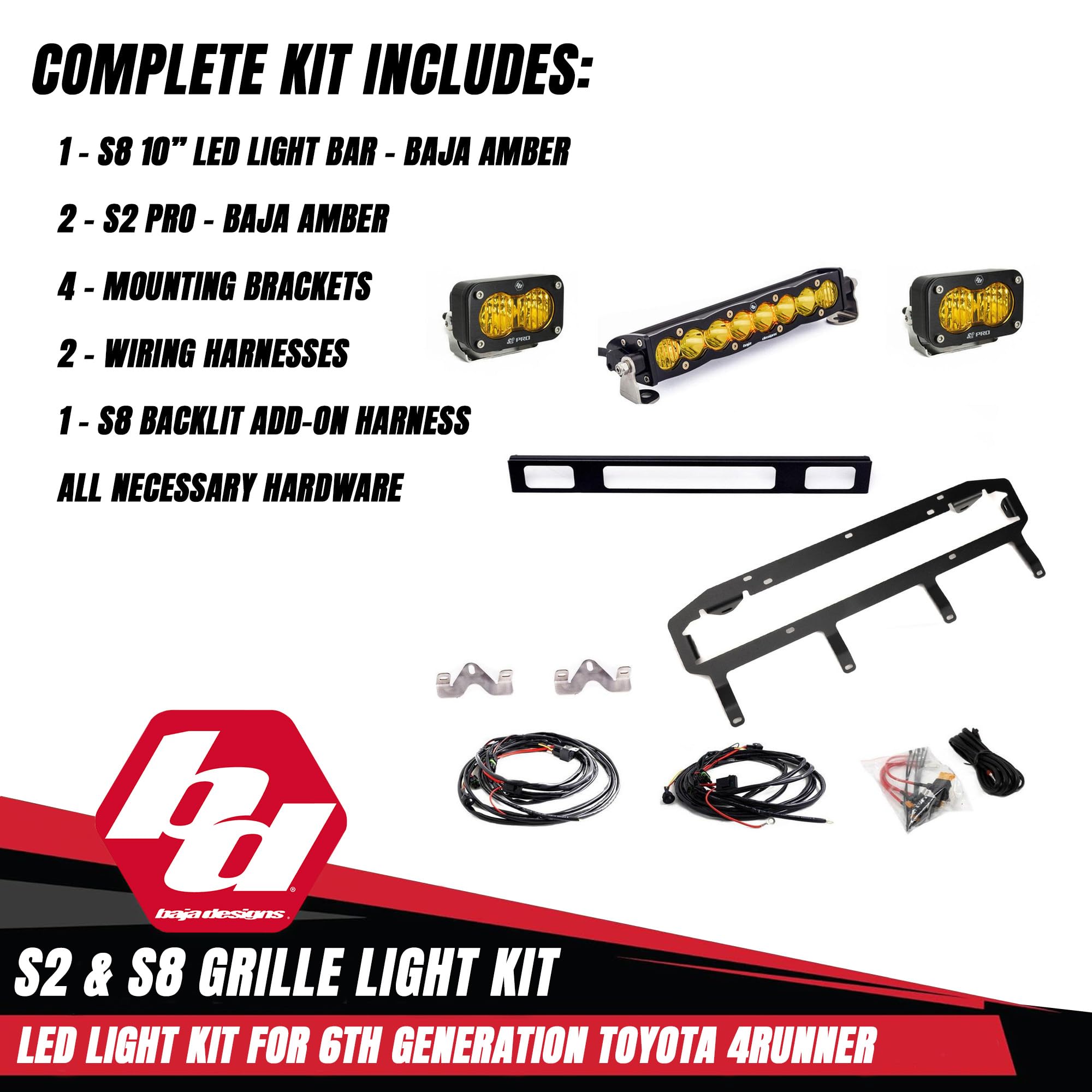 Baja Designs LED Light Kit Grille for 2025+ Toyota 4Runner TRD Pro/Trailhunter - S8 10-Inch LED Light Bar & S2 Pro Pods (3 PCS) - Street Legal, OEM Switch Compatible (Multi Pattern; Baja Amber)