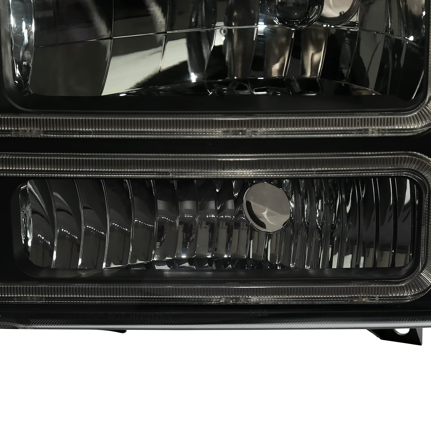 Black Smoke SPEC-D TUNING Headlights with LED Bar Compatible with 1999-2004 Ford F-250, F-350, F-450 SuperDuty, 2000-2004 Excursion, Left + Right Head Lights Assembly