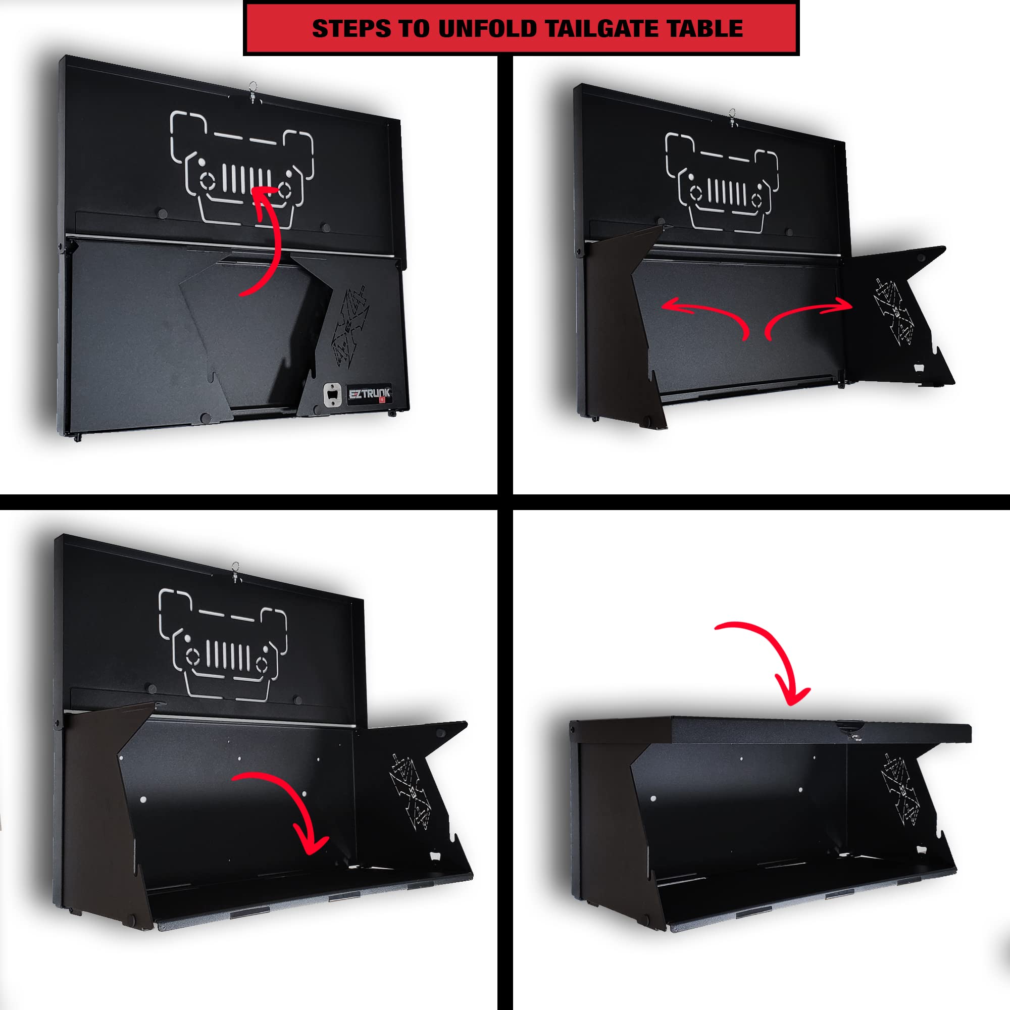 Double Level EZ4X4 Aluminum Lightweight Deluxe Tailgate Table Foldable Cargo Shelf Storage Rack fits All Wranglers TJ/JK/JKU/JL/JLU Patent Pending