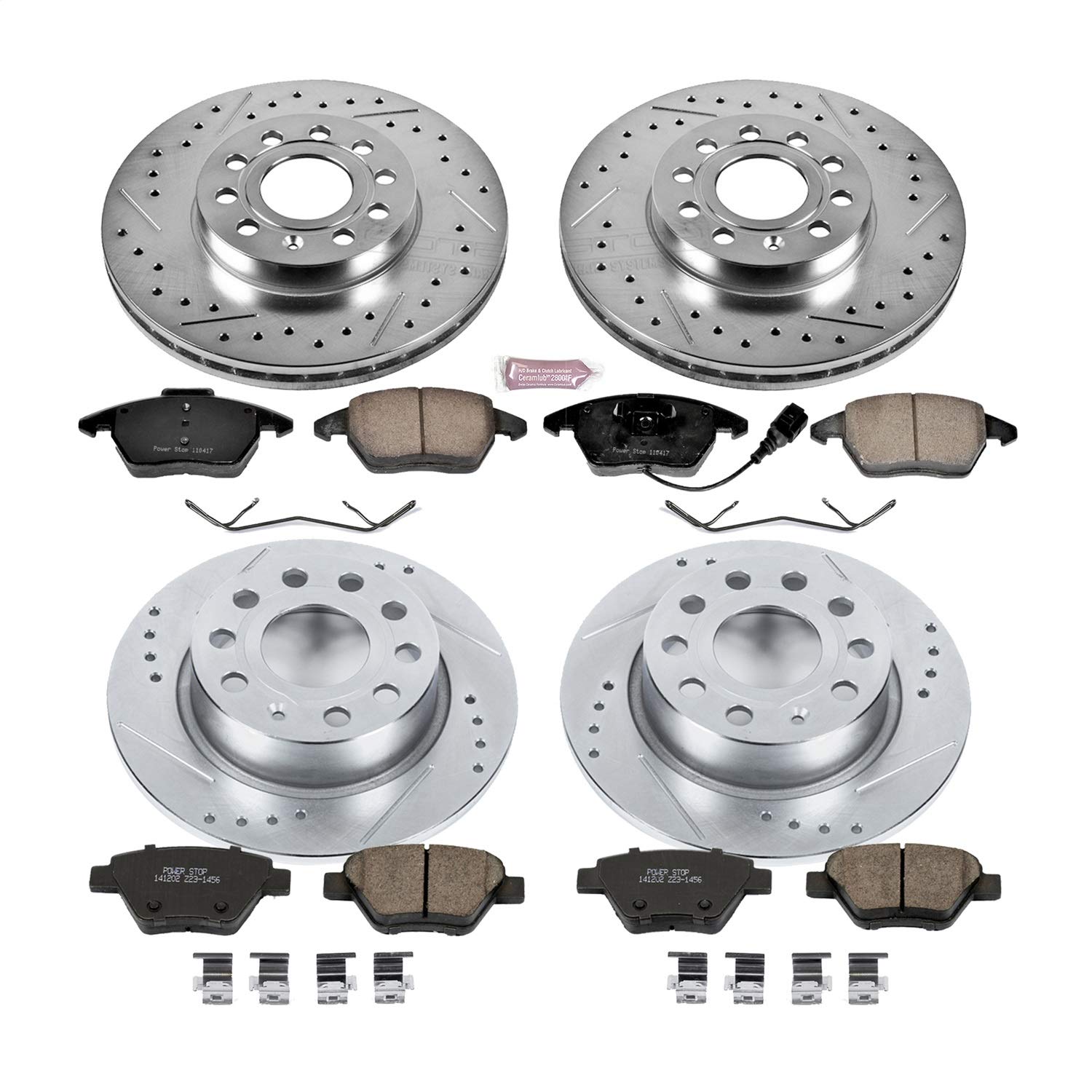 Power Stop K6726 Z23 Carbon Fiber Brake Pads with Front and Rear Drilled & Slotted Brake Rotors Kit