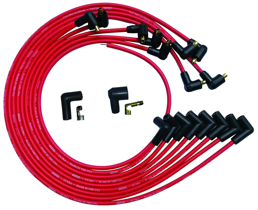 Moroso Ultra Series 52029 Red Spark Plug Wires, Small Block Chevy, Under Header Routing, 90 Degree Plug Ends, Non HEI Distributor