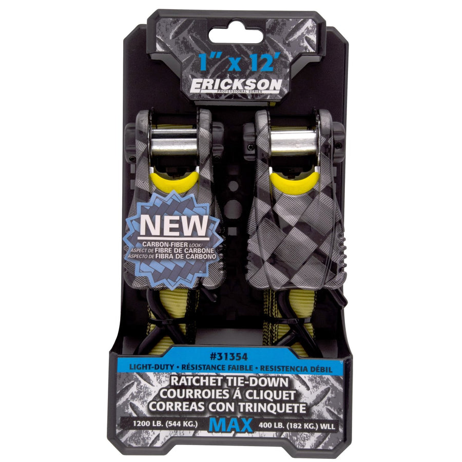 1″ x 12" – 1200 Lb. Carbon Fiber Look Ratchet Straps (31354), Qty 2 Erickson Manufacturing