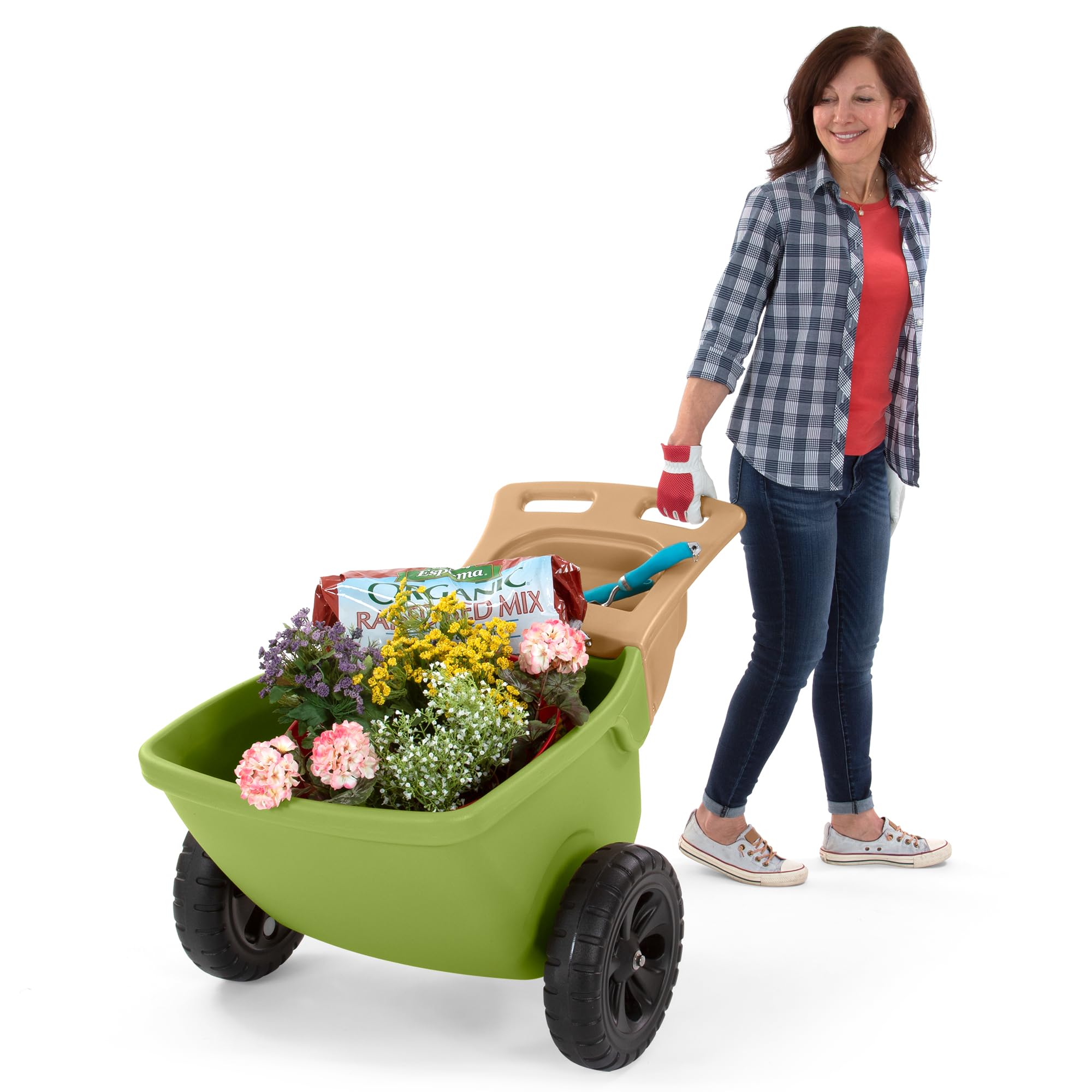 Simplay3 Wheelbarrow Easy Haul with Garden Tool Storage Tray, Durable Heavy-Duty Plastic with Large Easy Turn Wheels - Green, Made in USA