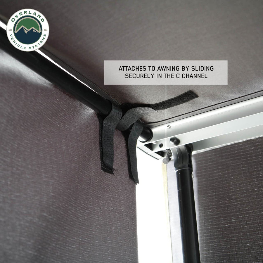 Nomadic Overland Vehicle Systems 6.5’ Awning Shade Wall - 280G Poly Cotton Rip Stop Grey Body, Green Trim - C Channel Attachment - Included Storage Bag