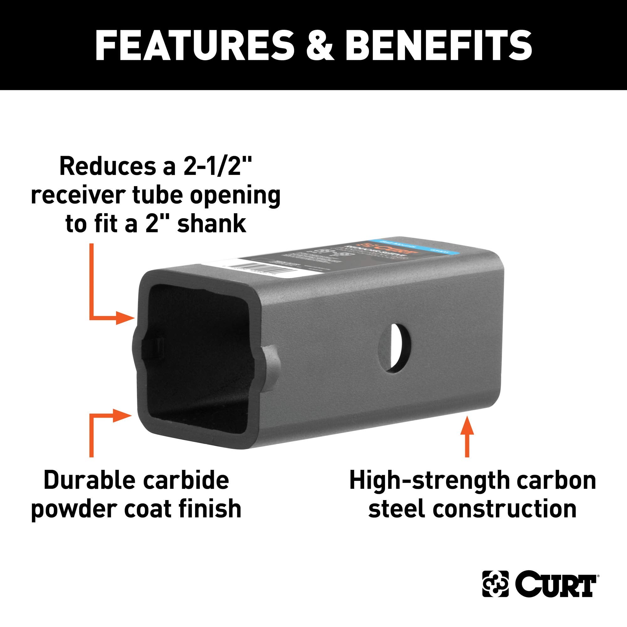 CURT Trailer Hitch Receiver Adapter Reducer Sleeve, 2-1/2 to 2-Inch, Carbide Black Powder Coat 45405