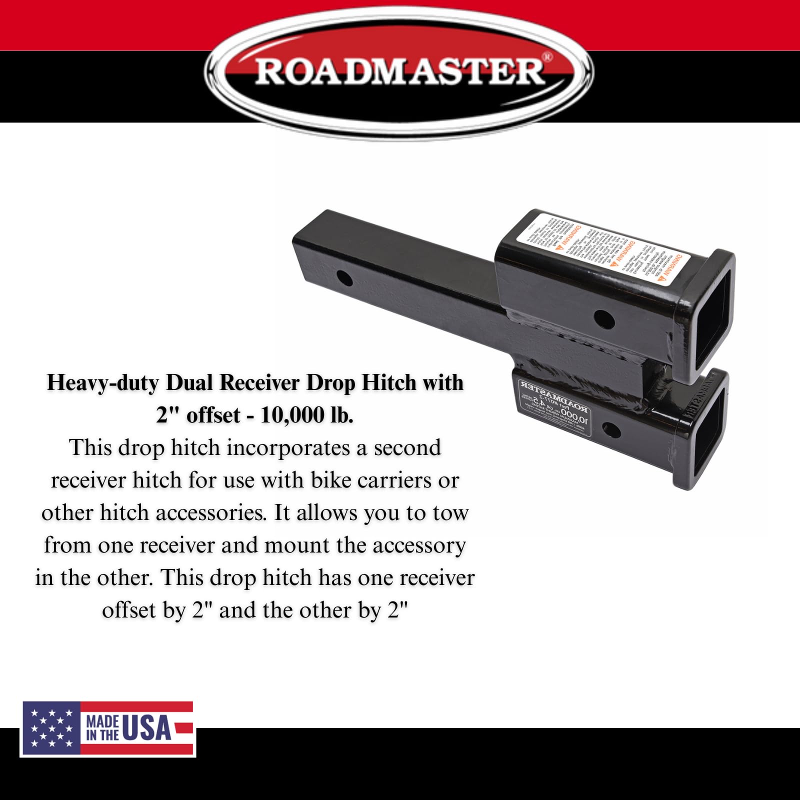 Dual Receiver Hitches Roadmaster 077-2 with 2" Top and Bottom Offset fits 2" Receiver Hitch | 10,000 lbs Towing Capacity | 400 lbs Max Tongue Weight | Durable Powder Coat Finish | Made in The USA