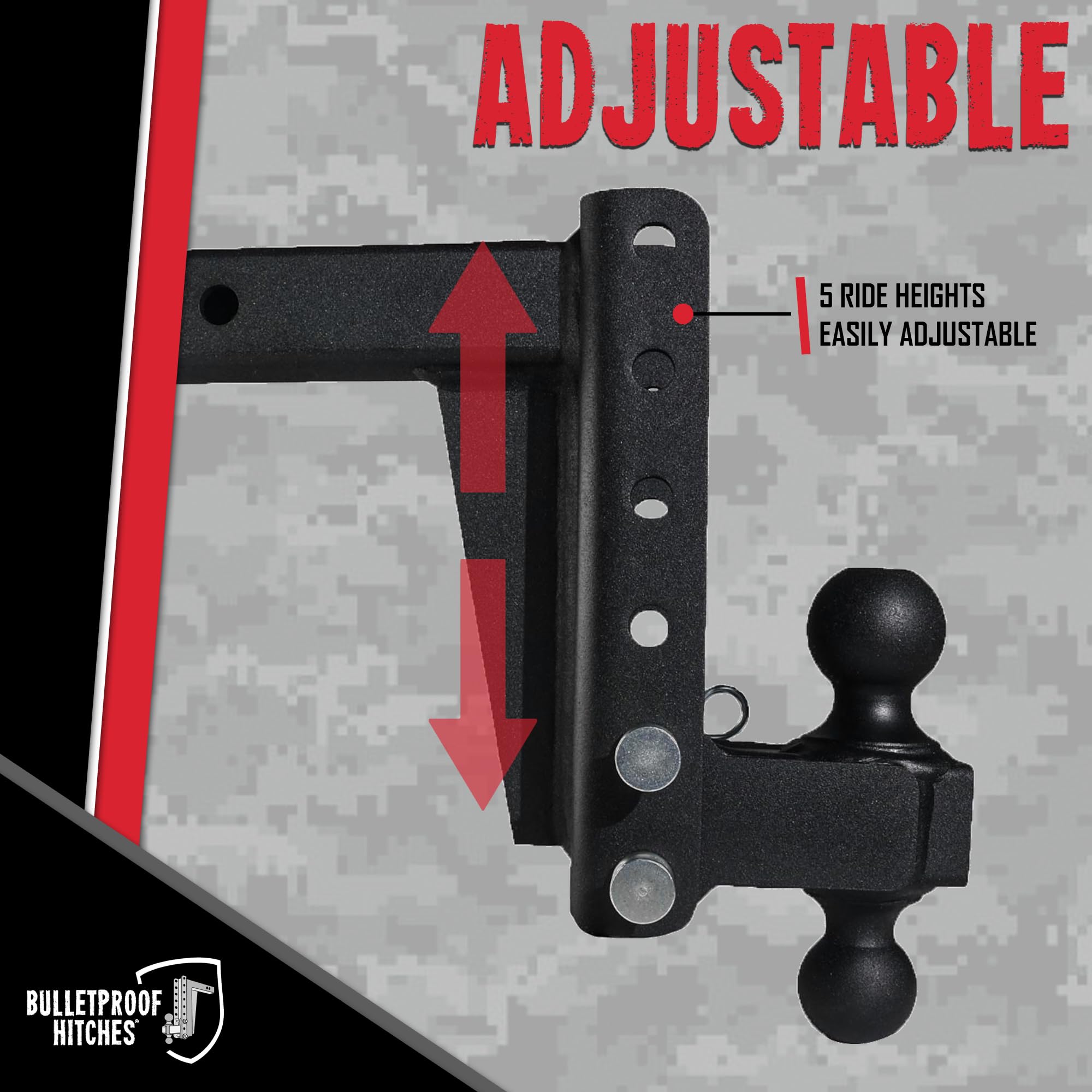 2.0" BulletProof Hitches Adjustable Medium Duty Trailer Hitch (14,000 lb. Rating) - 6" Drop/Rise Trailer Hitch with 2" & 2-5/16" Dual Ball - Powder Coat, Box Steel, Corrosion-Resistant