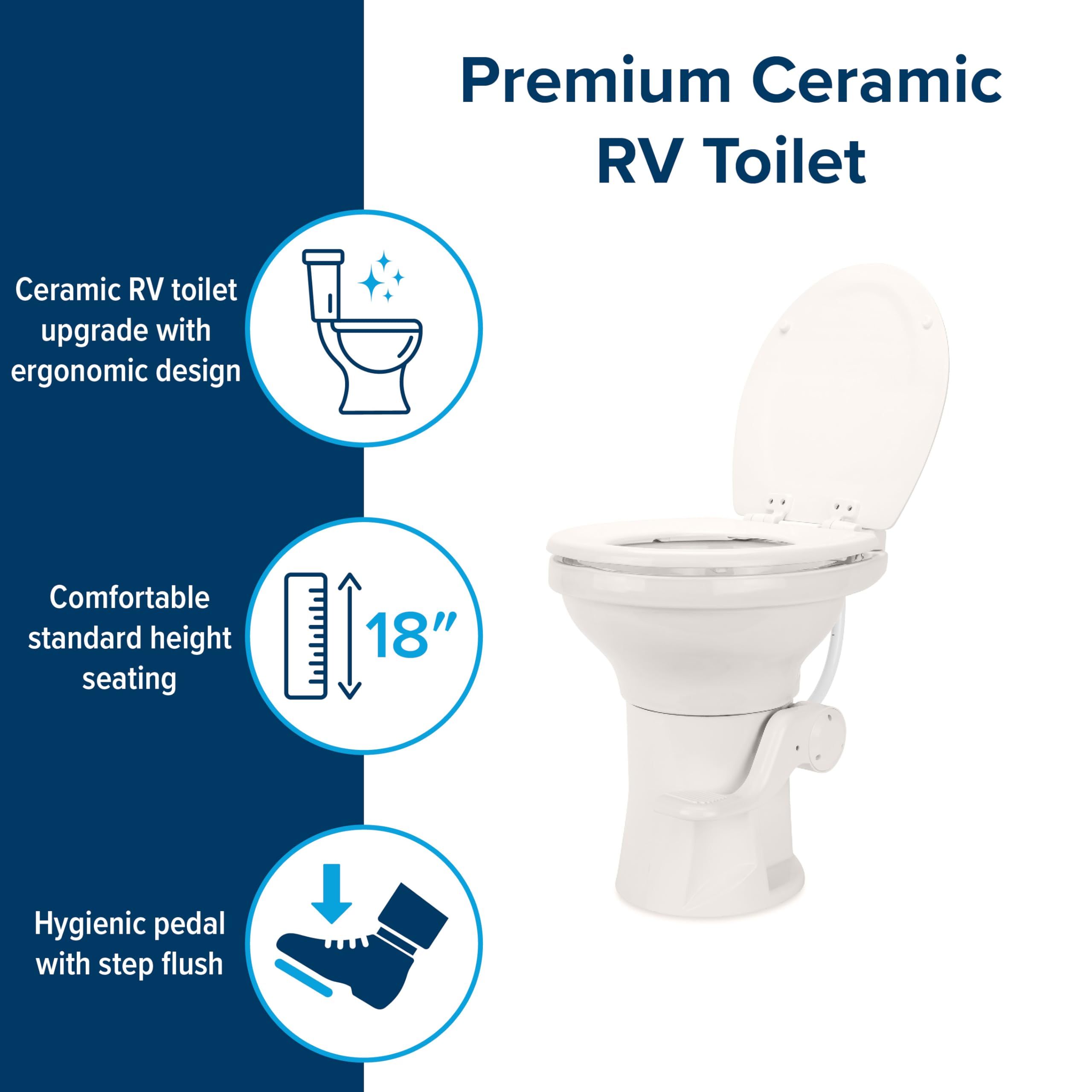 Camco Ceramic Premium Camper/RV Toilet - Features Gravity Flush System w/Convenient Foot Pedal - Full-Sized Ergonomic Design w/18" Chair Height - Soft-Close Wood Seat & Lid - Bone (41715)