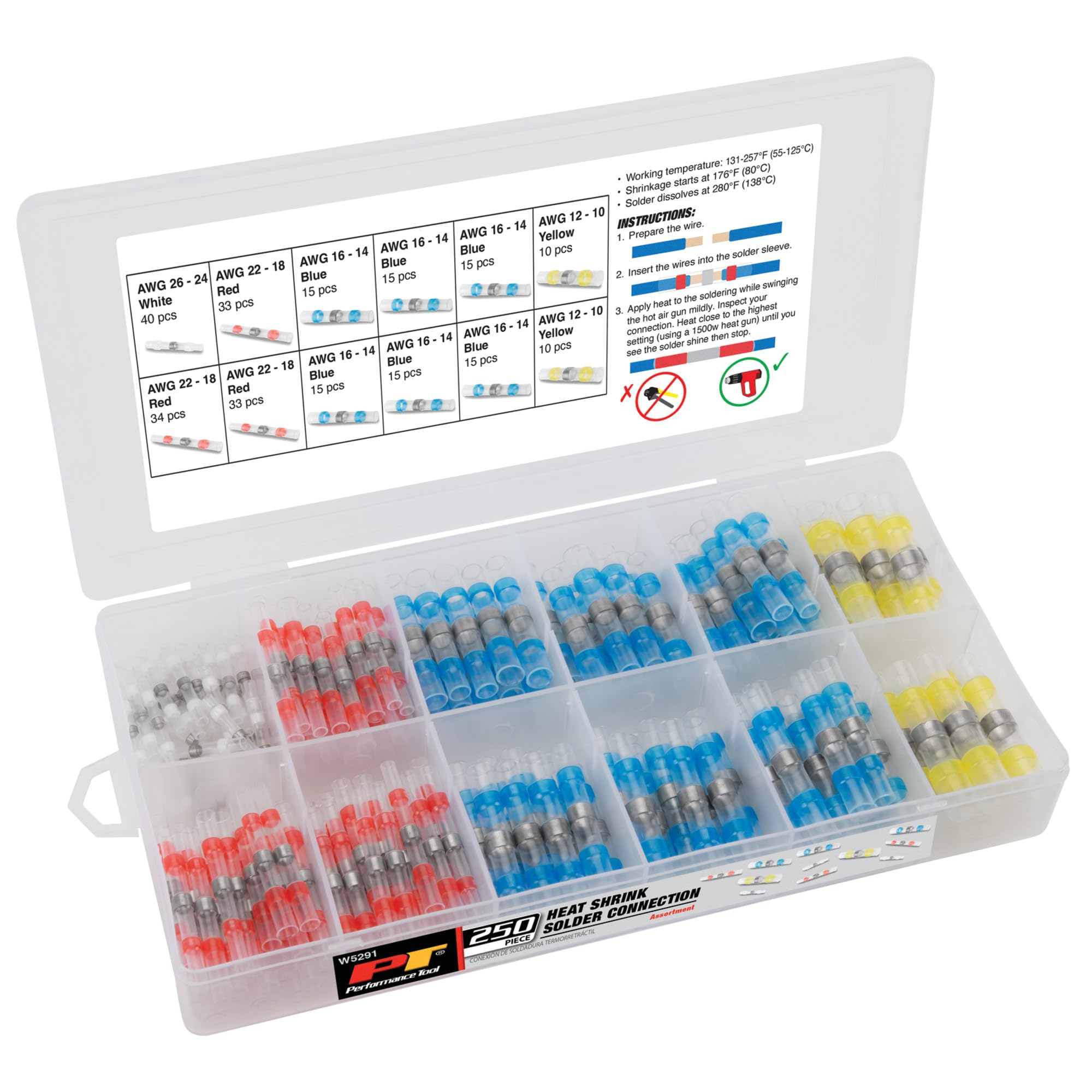 W5291 Performance Tool 250 Pc. Heat Shrink Solder Connectors - Hot Melt Adhesive, Water-Resistant, Strong Electrical Connections, White, Red, Blue, Yellow