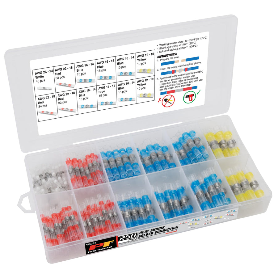 W5291 Performance Tool 250 Pc. Heat Shrink Solder Connectors - Hot Melt Adhesive, Water-Resistant, Strong Electrical Connections, White, Red, Blue, Yellow