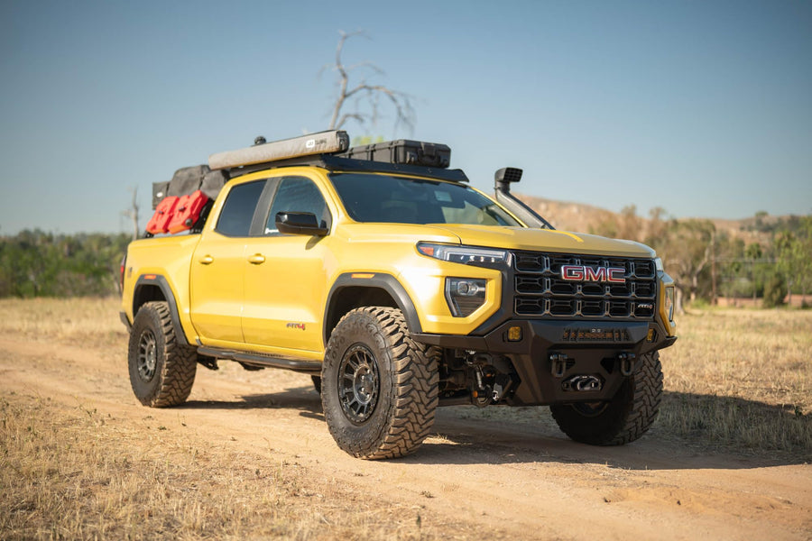 Offroad DV8 Spec Series Front Bumper for 2023-2025 GMC Canyon | Heavy-Duty Winch Mount | (1) 20" Light Bar Mount | Pair of 3" Pod Light Mounts | (2) 1" Thick D-Ring Mounts | Front Skid Plate | Steel