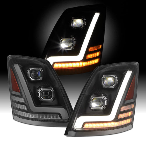 AKKON - 2004-2017 Fit Volvo VNL [Full LED DRL Dual Lens] Projector Headlights Lamps Black Left Driver + Right Passenger
