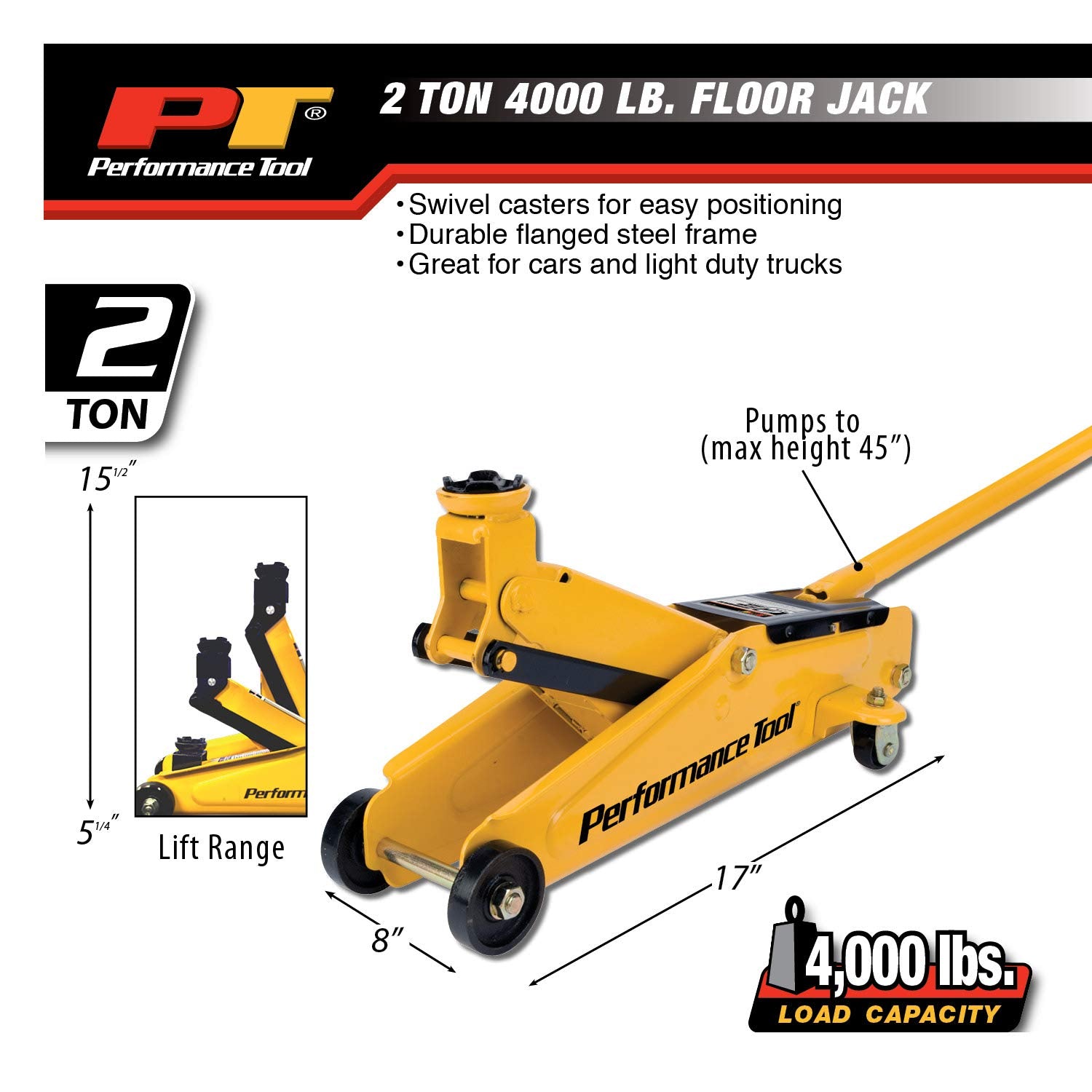 2 Ton Performance Tool W1614 Capacity Floor Jack Made With Heavy Duty Steel And Swivel Rear Casters