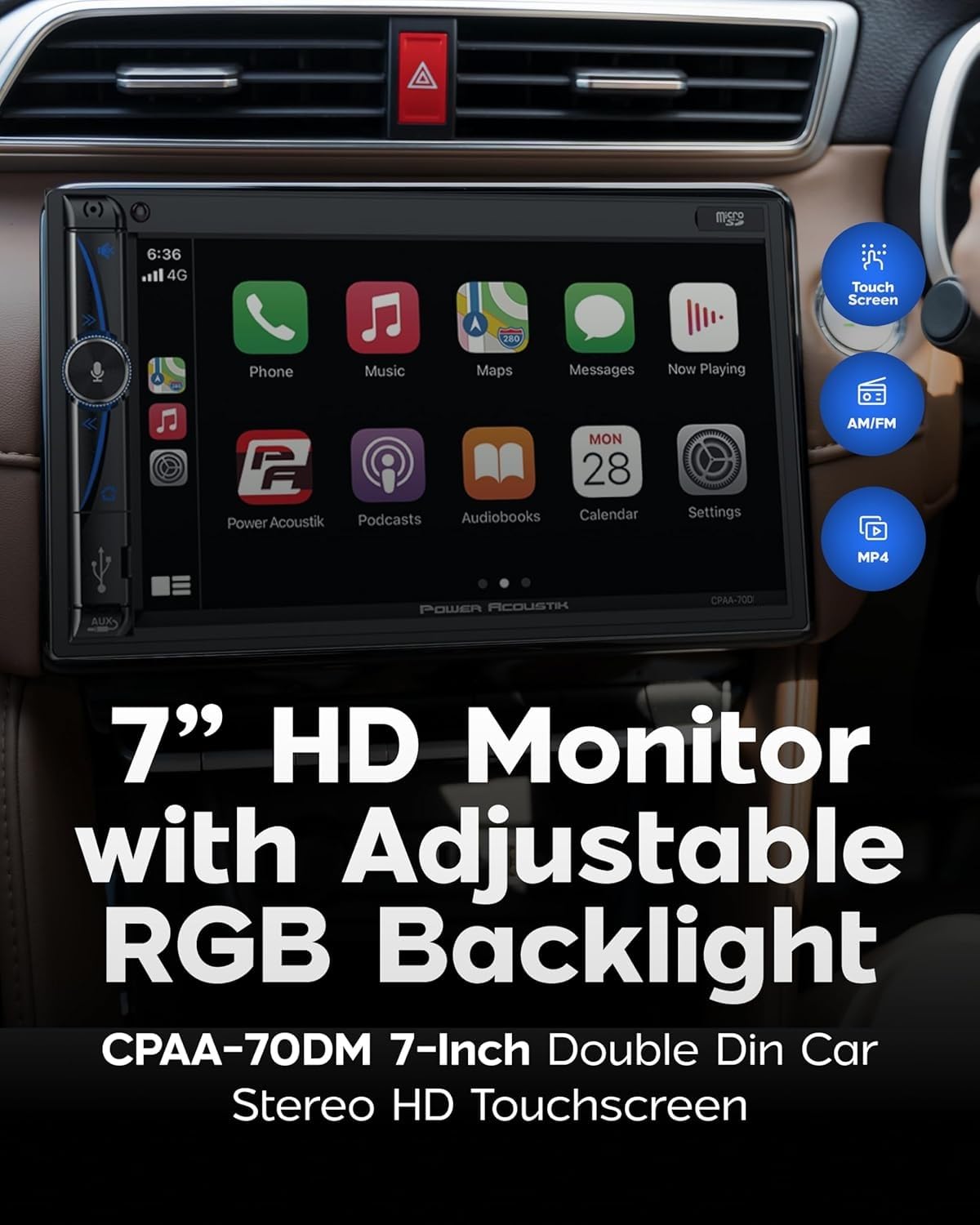 Wireless Apple CarPlay & Android Auto CPAA-70D 7" Double Din Car Stereo – Touchscreen Bluetooth 5.0 Head Unit with Backup Camera Input, Mirror Link, Voice Control, USB/SD, FM Radio – Universal Fit