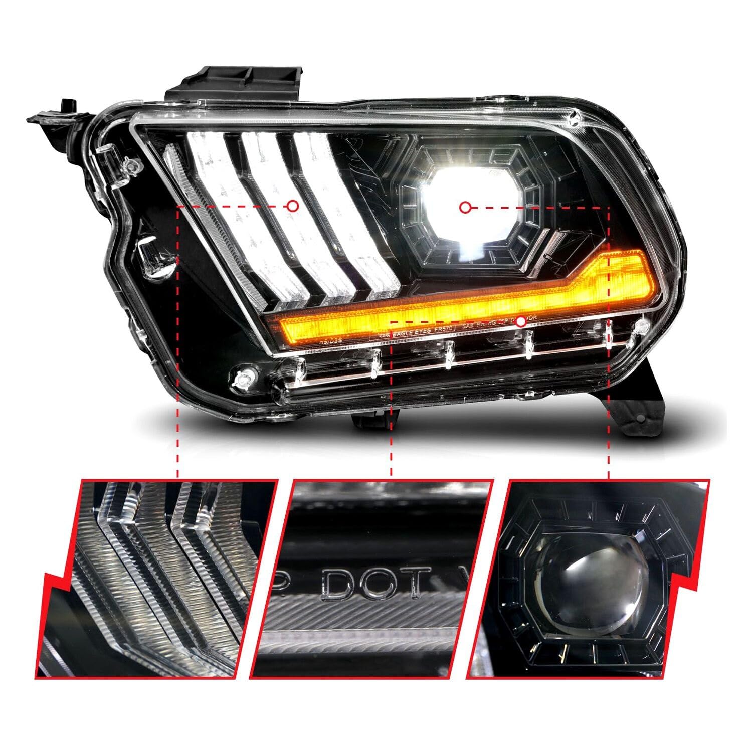 10-14 Ford Mustang ANZO LED Projector Headlights w/Sequential Light Tube (Non HID Compatible)