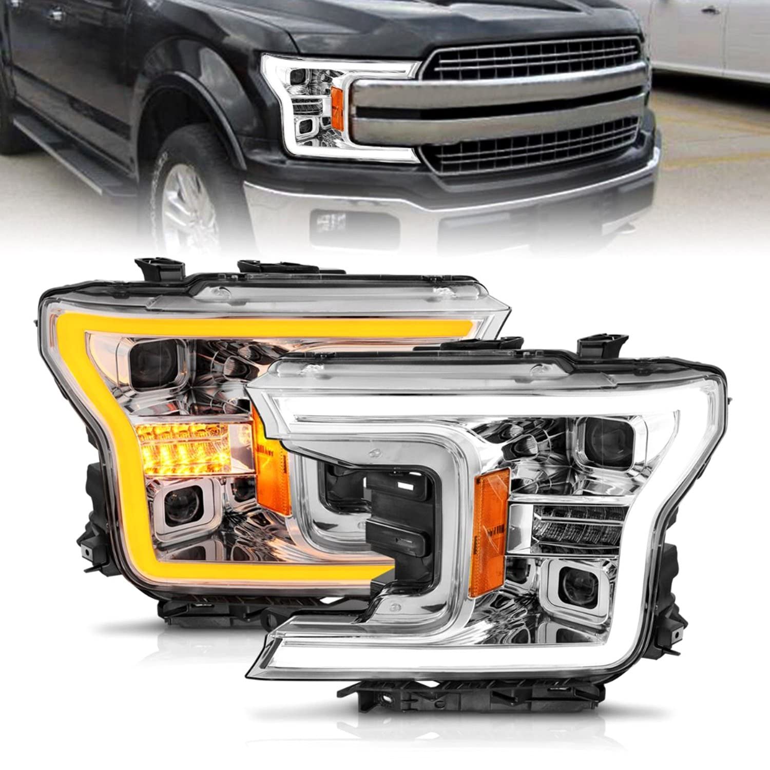 18-20 Ford F-150 ANZO (w/o Fctry LED) Full LED Proj Headlights w/Light Bar Swtchbk Seq. Chrome w/Int (111571)