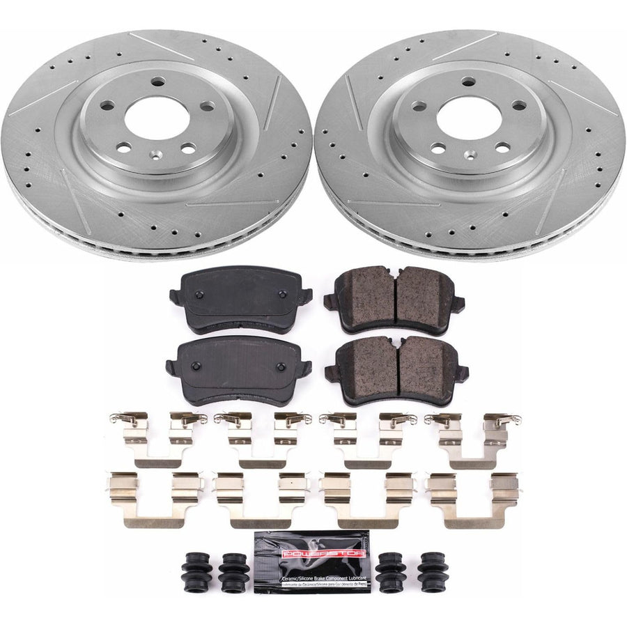 Power Stop K6001 Rear Brake Pads Z23 Carbon Fiber with Drilled & Slotted Brake Rotors Kit and 2 Rear Sensor Wires For Audi A7 Quattro 2012, Porsche Macan 2015-2021 [Model Specific]