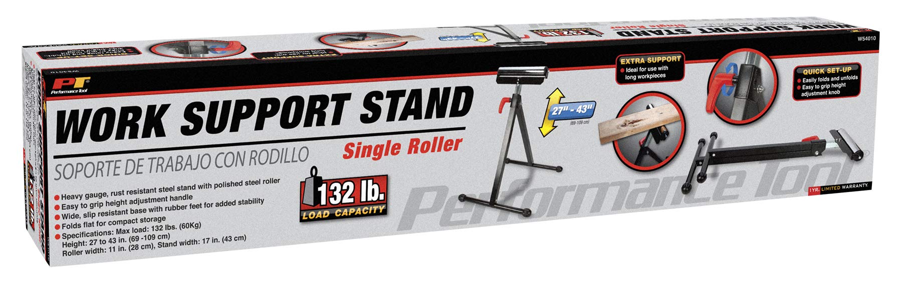 W54010 Performance Tool Roller Support Stand, Max Load: 132lbs (60Kg), Height: 27-Inch to 43-Inch (69-109cm), Width: 11-Inch (28cm)