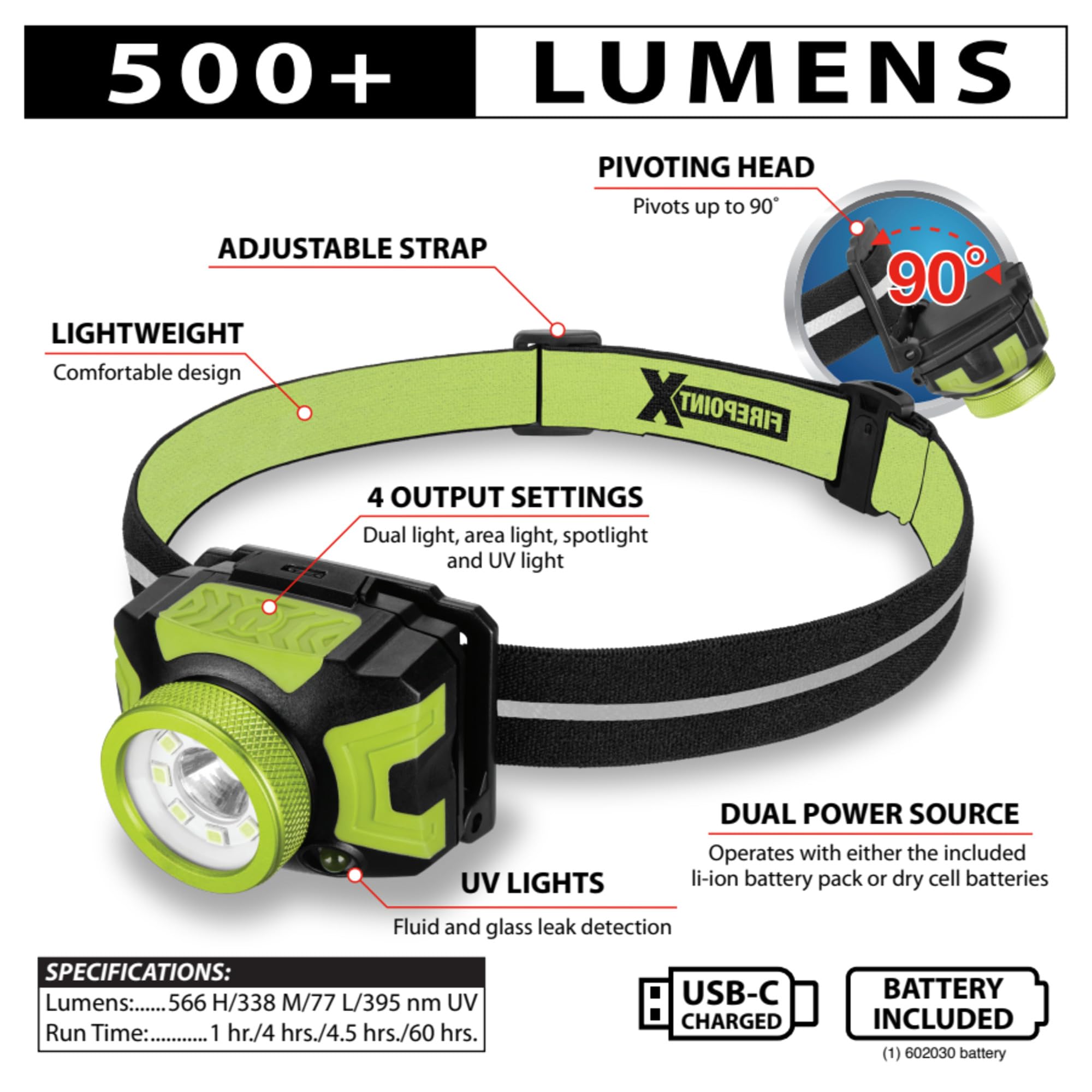 W2621 Performance Tool 500+LM Firepoint Dual-Power LED Headlamp - Adjustable Strap, UV Light, Spotlight, Area Light, Li-Ion, Green/Black