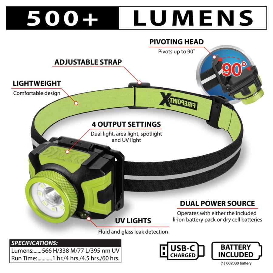 W2621 Performance Tool 500+LM Firepoint Dual-Power LED Headlamp - Adjustable Strap, UV Light, Spotlight, Area Light, Li-Ion, Green/Black