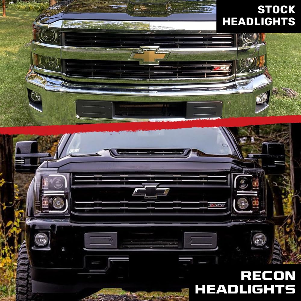 RECON - Premium Projector Headlights Fits Chevy 15-19 Silverado 2500, 3500 Ultra High Power Smooth OLED Halos, DRL - Smoked & Clear Lens