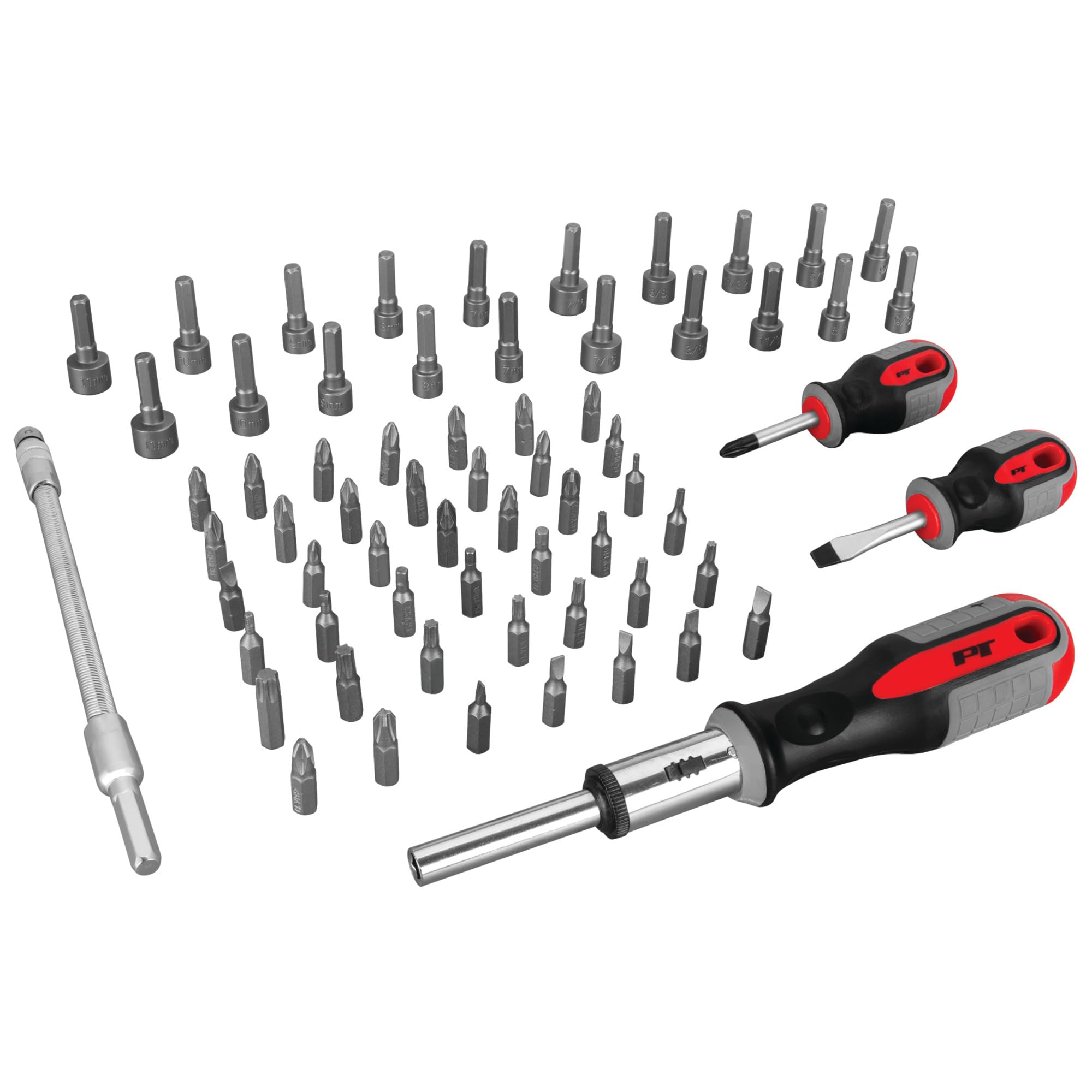 W1784 Performance Tool 66-Piece Screwdriver and Bit Set, Full Set, Holders and Organizers Included, Reversible Driver, Flex Extension, Phillips, Slotted, Pozi, Square, Hex, Star, SAE/MET Nut Drivers