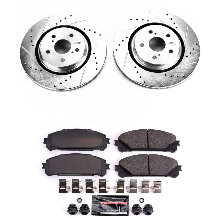 PowerStop Brake Kit Front For 2022-2024 Lexus NX350, 2022-24 NX350h, 2016-2022 RX350, 2016-2022 RX450h, 2020-2024 Toyota Camry - Drilled & Slotted Disc Rotors & Ceramic Brake Pads Replacement, K7688