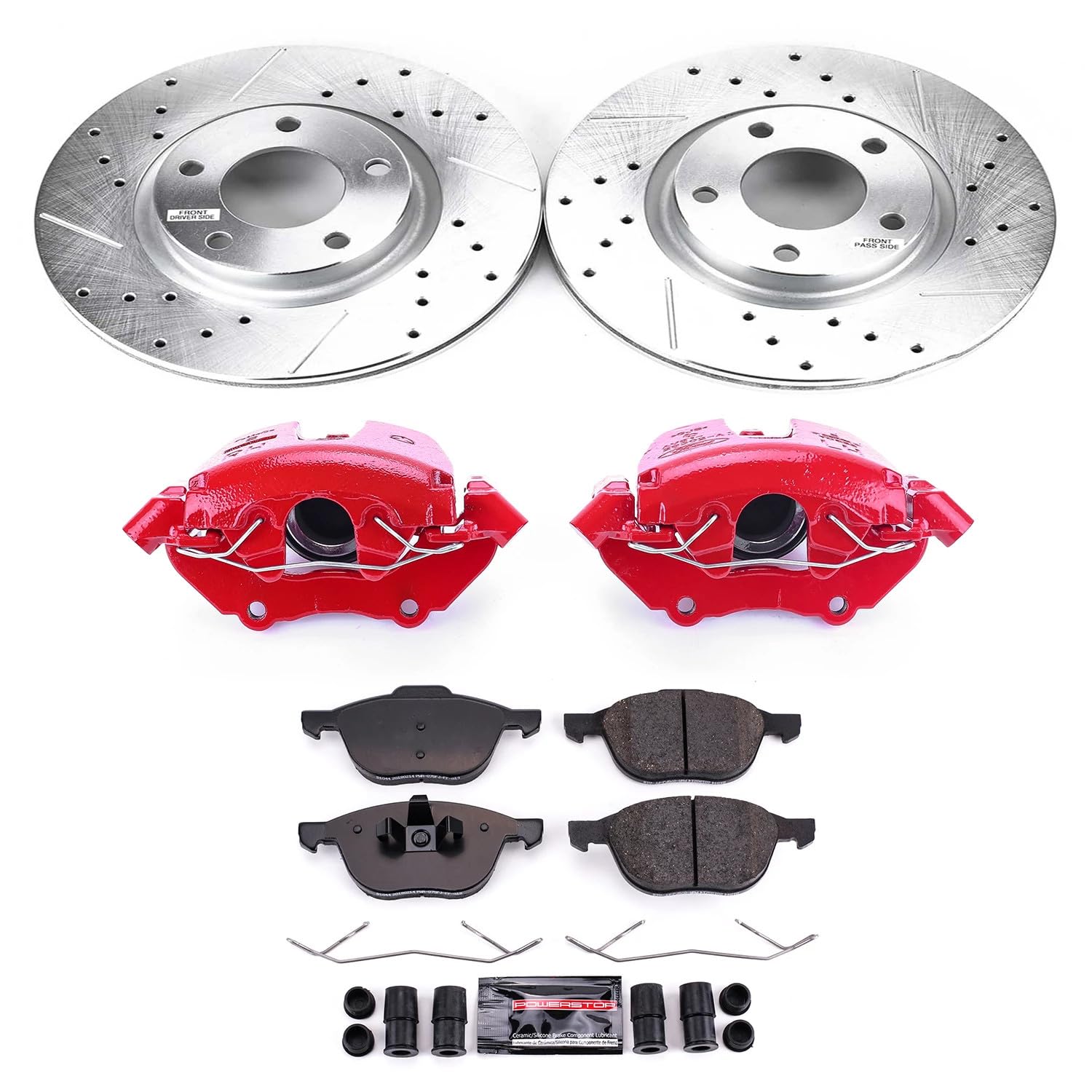 Power Stop Z23 KC125B Evolution Sport Front Caliper Brake Kit-Drilled/Slotted Rotors, Carbon Ceramic Brake Pads, Calipers For Mazda 3 2004 [Model Specific]