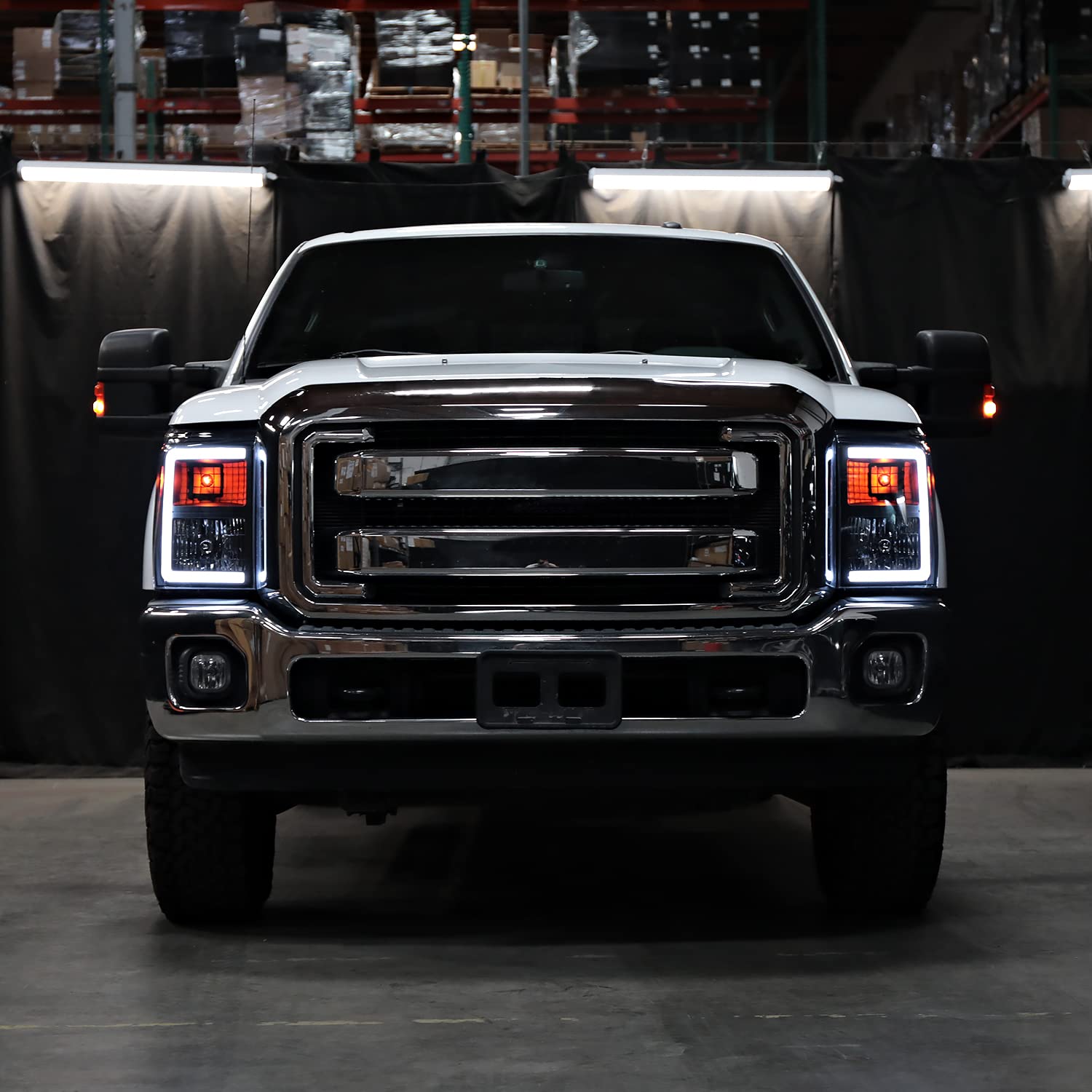 Black SPEC-D TUNING Headlights with Dynamic LED Strip Compatible with 2011-2016 Ford F-250, F-350, F-450, F-550 Super Duty, Left + Right Head Lights Assembly