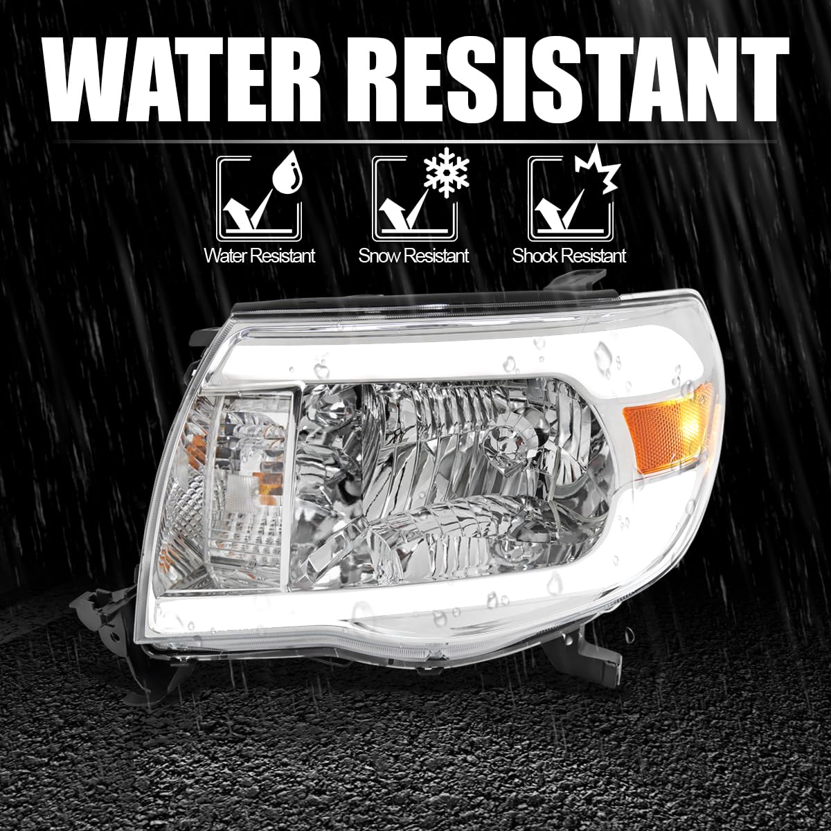 Chrome Headlights w/LED Tube SPEC-D TUNING Compatible with 2005-2011 Toyota Tacoma, Left + Right Pair Headlamps Assembly