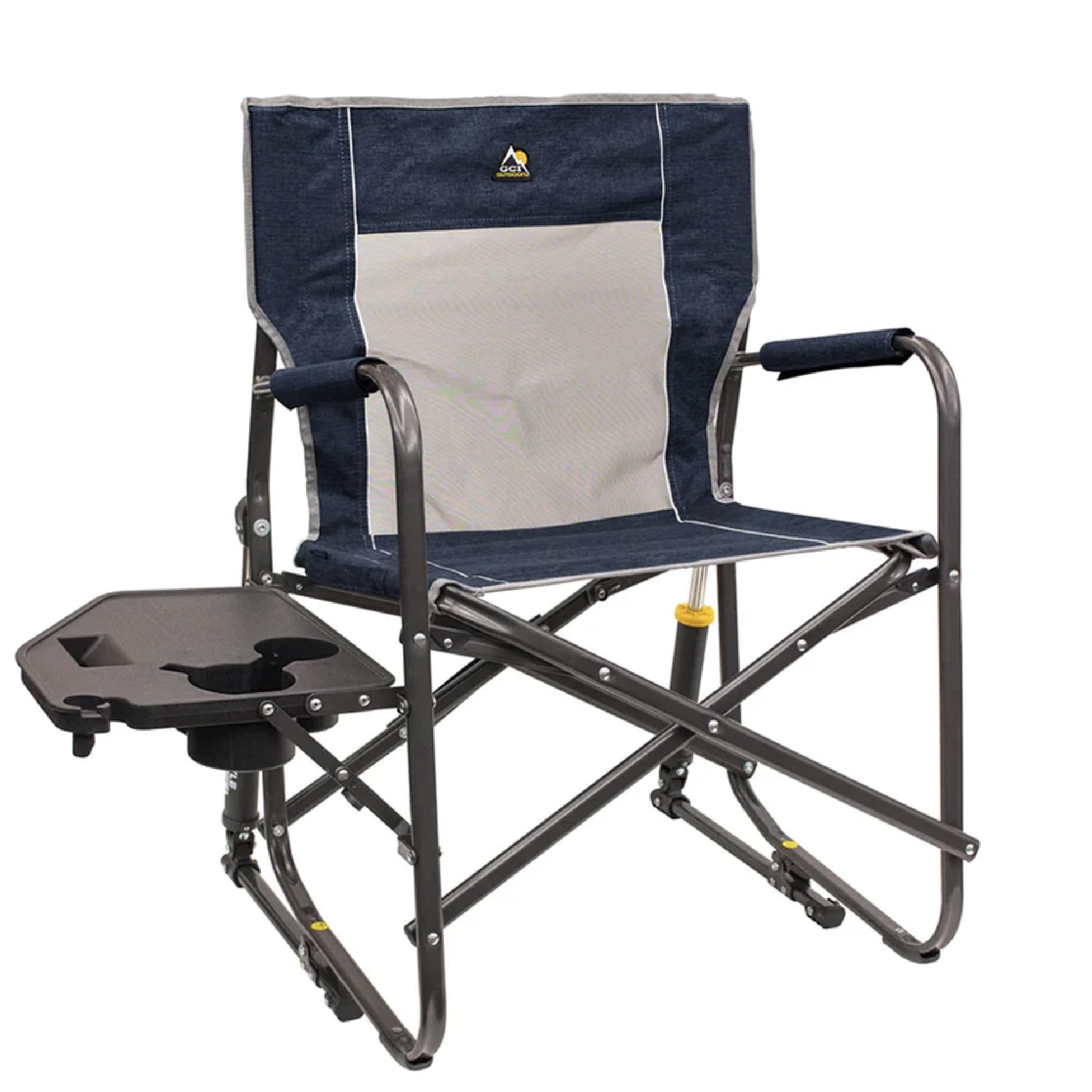 Freestyle Rocker GCI OUTDOOR with Side Table Camping Chair | Portable Folding Rocking Chair with Solid, Durable Armrests, Drink Holder & Comfortable Backrest — Heathered Indigo