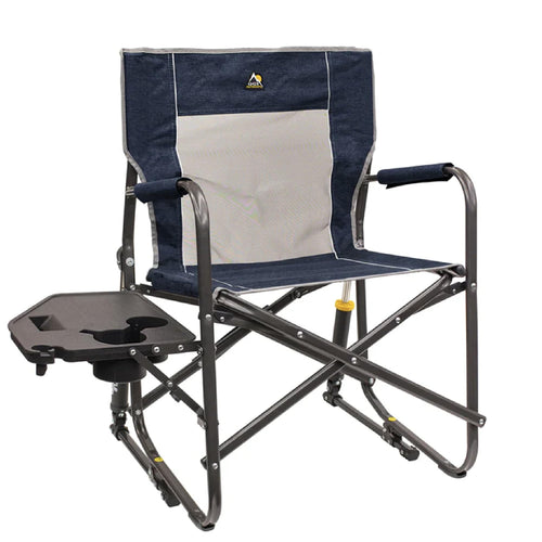 Freestyle Rocker GCI OUTDOOR with Side Table Camping Chair | Portable Folding Rocking Chair with Solid, Durable Armrests, Drink Holder & Comfortable Backrest — Heathered Indigo