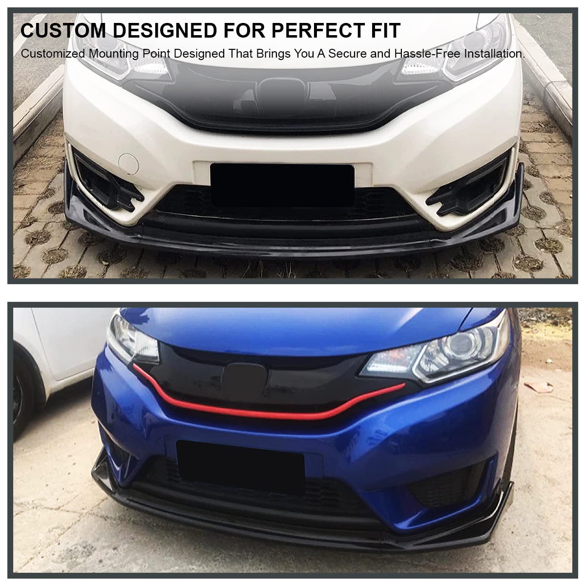 Glossy Black Spec-D Tuning Front Bumper Lip Spoiler Splitter 3PC Compatible with 2014-2017 Honda Fit