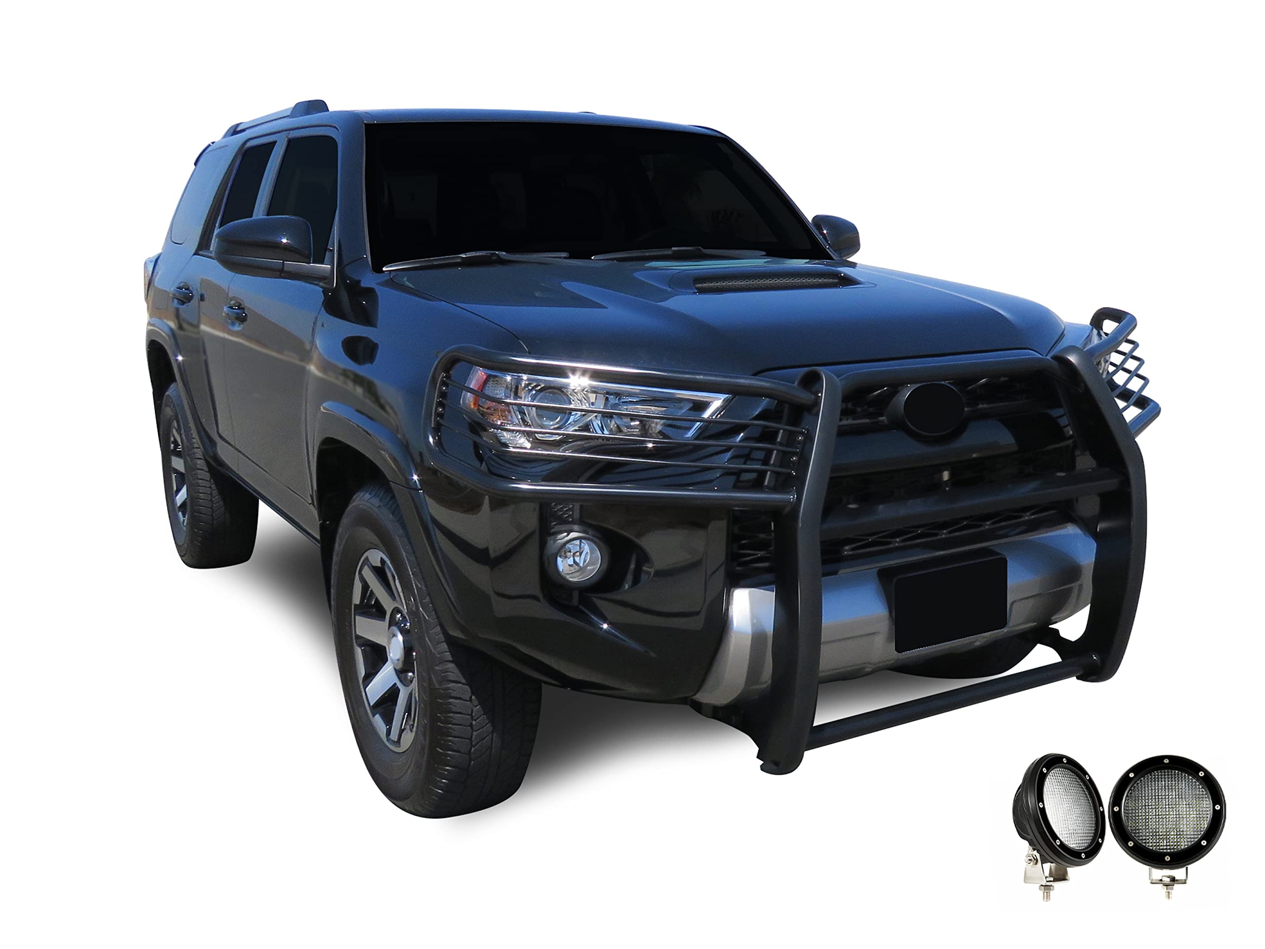Bumper Guard Modular Black Black Horse Grille Brush Come with Pair of 5.3" Dia.LED Lights with Black Trim Rings Compatible with 2010-2024 Toyota 4Runner-17TU31MA-PLFB