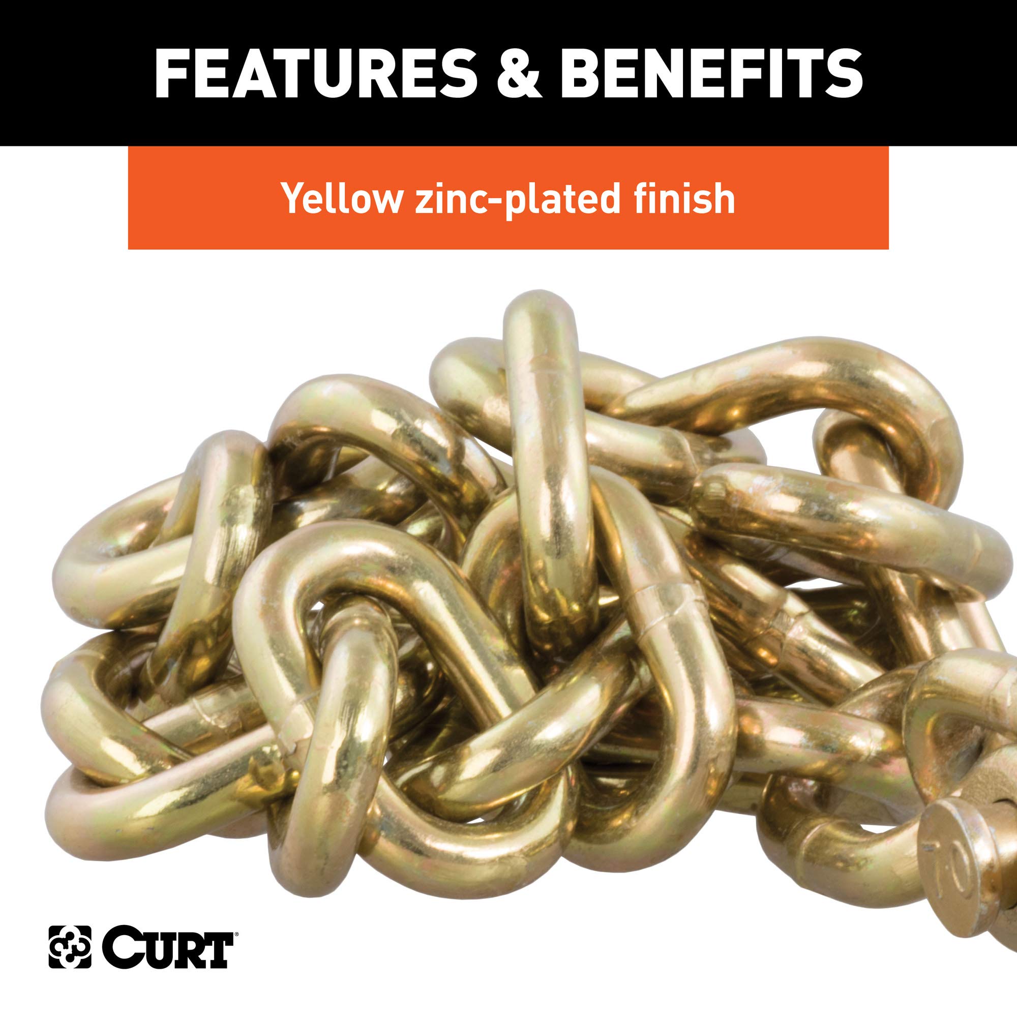 CURT 80304 35-Inch Safety Chain Trailer with 5/16-In Clevis Snap Hook, 18,800 lbs Break Strength, Small, YELLOW ZINC