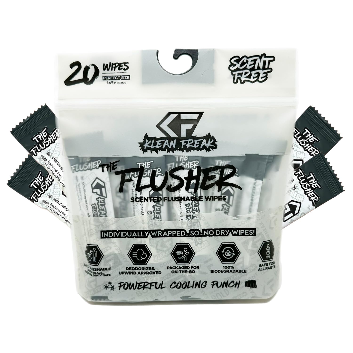 FLUSHABLE WIPES THE KLEAN FREAK - Unscented/Scented For Adults & Kids - 100% BIODEGRADABLE Individual Wrapped Travel WET Wipe for Toilet - Soothing Aloe & Witch Hazel - Alcohol Free 20 Pack